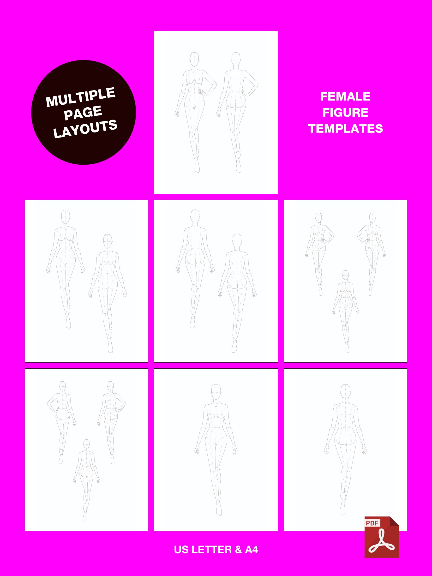 Female Fashion Figure Templates PDF | Fashion & Drag Design Sketch Pages downloadable for fashion designers students by Katkow