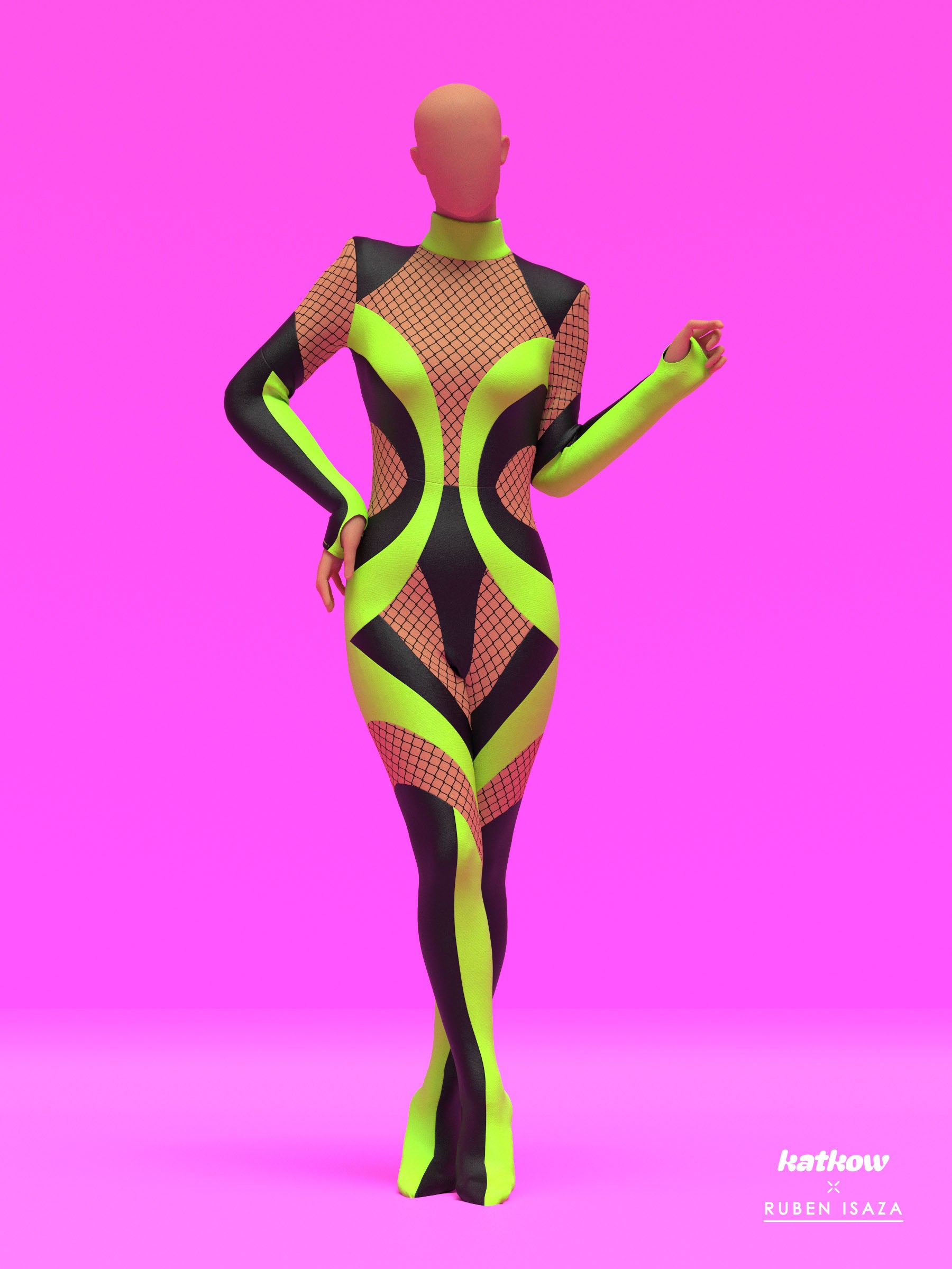 Fishnet Mesh Striped Full-Body Catsuit Sewing Pattern by Ruben Isaza and Katkow Drag Queen and Standard Womens Costume Outfit Stretch Cutout Colorblock Nude Dancewear Festival Rave Cosplay Mugler