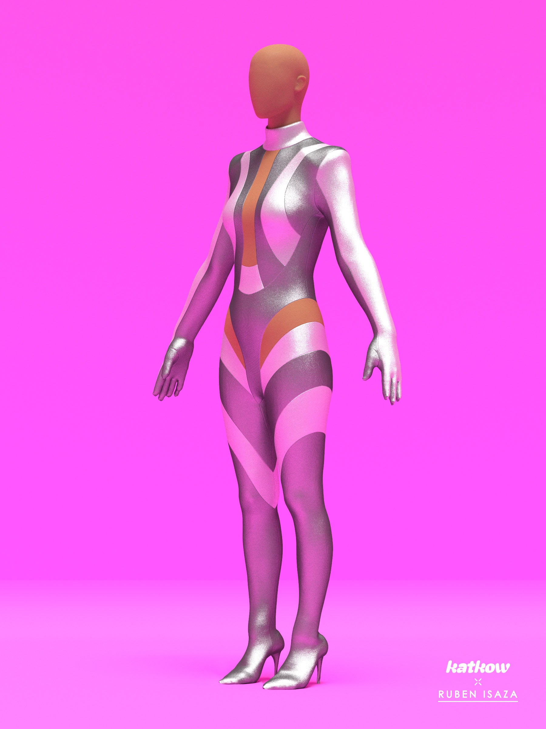 Silver Striped Full-Body Catsuit Sewing Pattern by Ruben Isaza and Katkow Drag Queen and Standard Womens Costume Outfit Stretch Cutout Colorblock Nude Dancewear Festival Rave Cosplay Mugler Side A