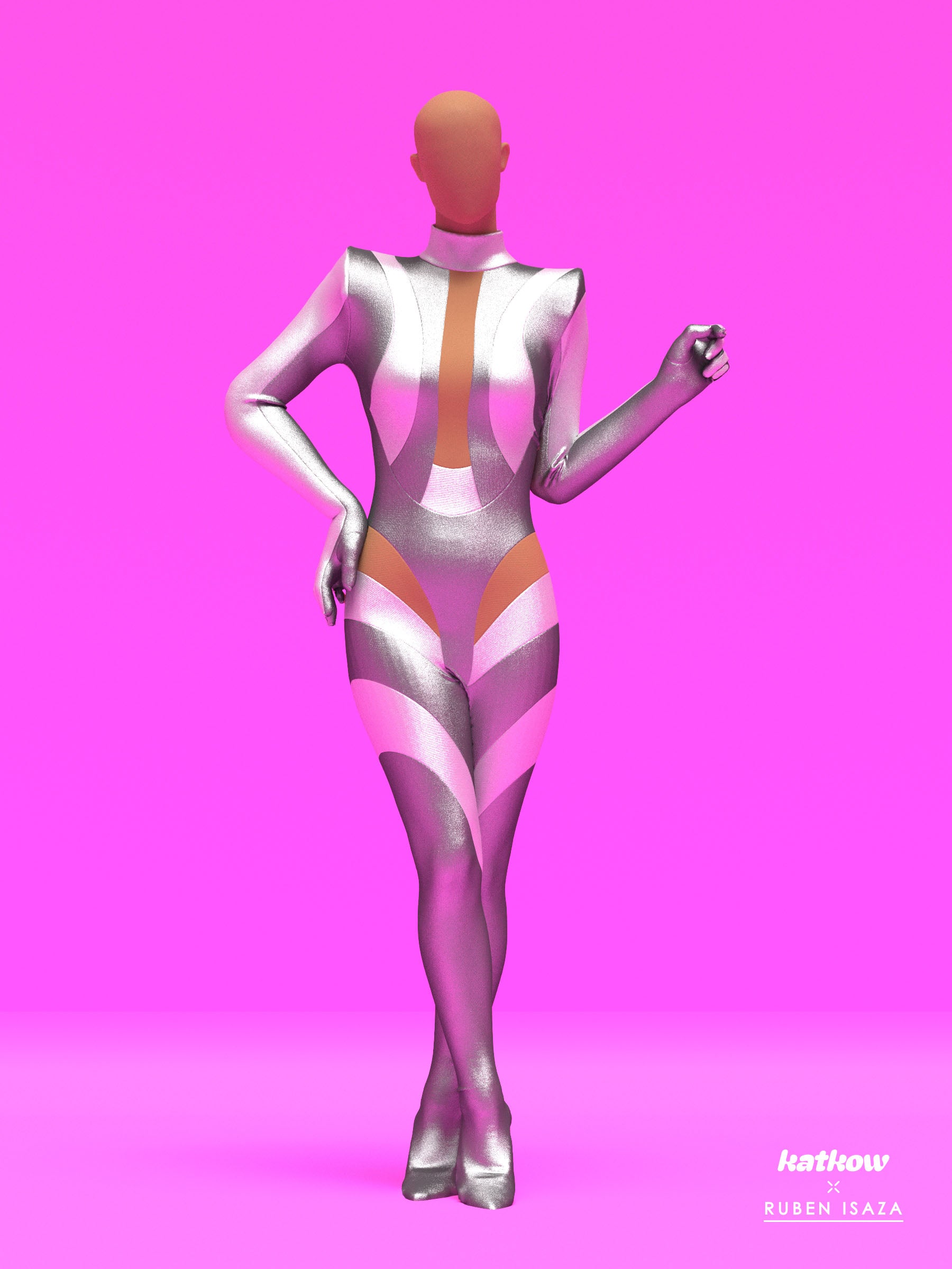 Silver Striped Full-Body Catsuit Sewing Pattern by Ruben Isaza and Katkow Drag Queen and Standard Womens Costume Outfit Stretch Cutout Colorblock Nude Dancewear Festival Rave Cosplay Mugler