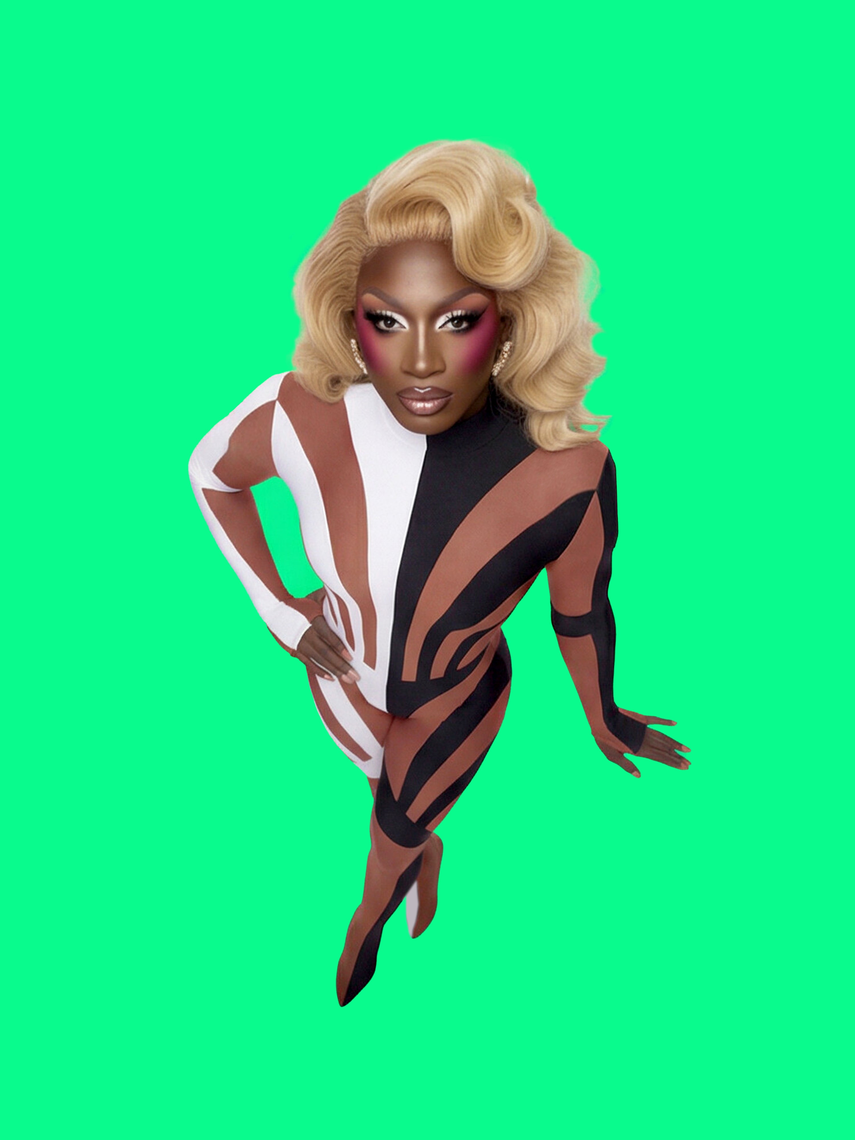 Half Striped Full-Body Catsuit Sewing Pattern by Ruben Isaza and Katkow Drag Queen and Standard Womens Costume Outfit Stretch Cutout Colorblock Nude Dancewear Festival Rave Cosplay Mugler front top 2