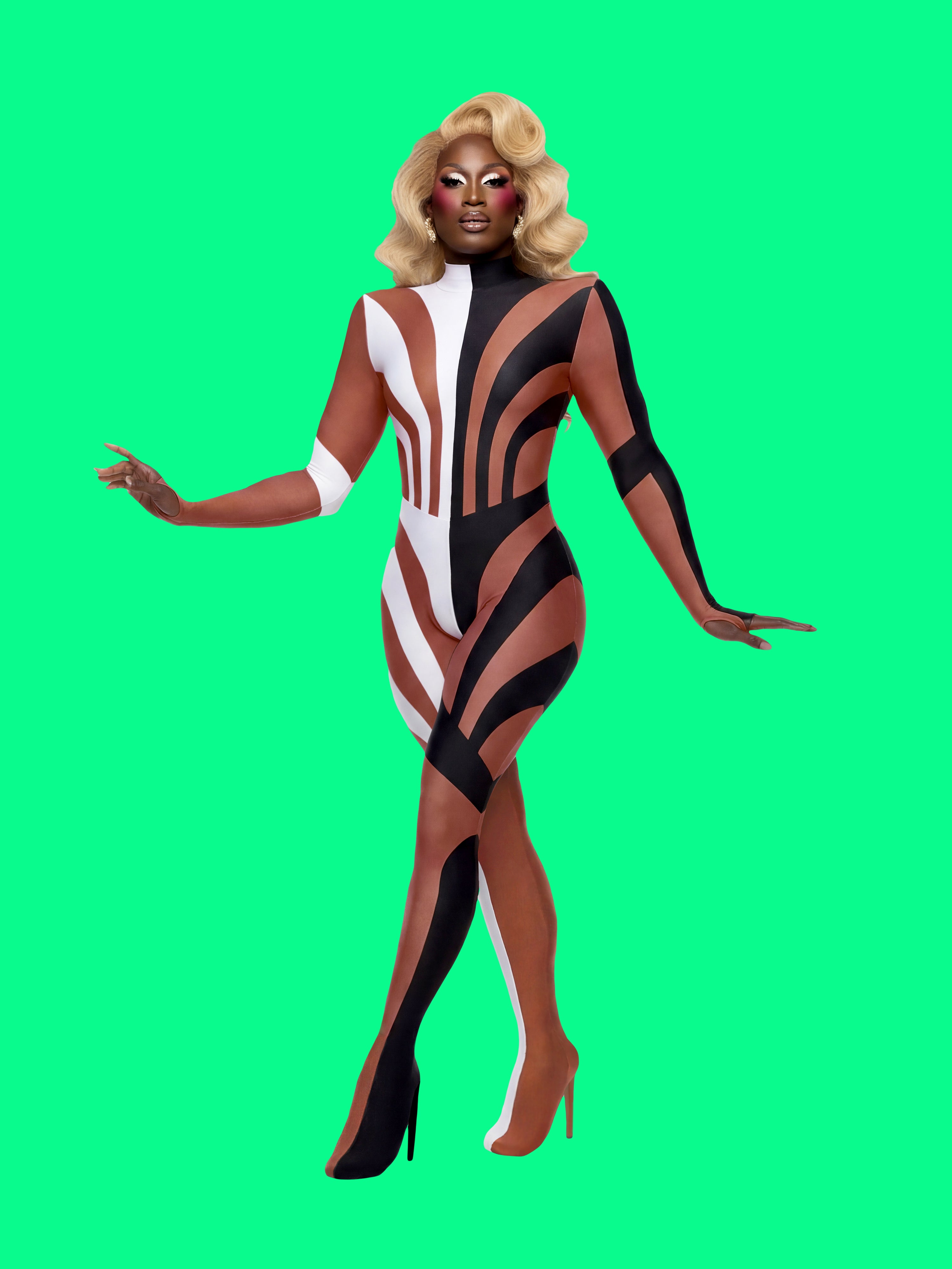 Half Striped Full-Body Catsuit Sewing Pattern by Ruben Isaza and Katkow Drag Queen and Standard Womens Costume Outfit Stretch Cutout Colorblock Nude Dancewear Festival Rave Cosplay Mugler front