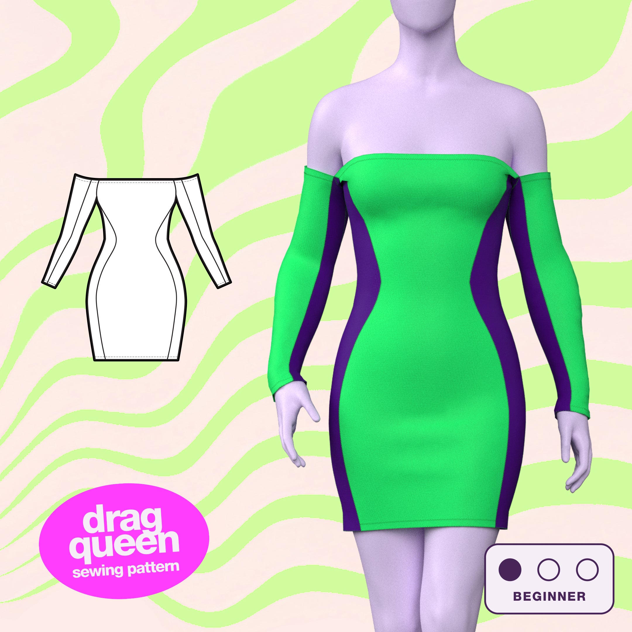 Katkow Off Shoulder Snatched Bodycon Mini Stretch Dress Sewing Pattern (XS-4X) PDF For Drag Queens Cosplay Festivals Goth