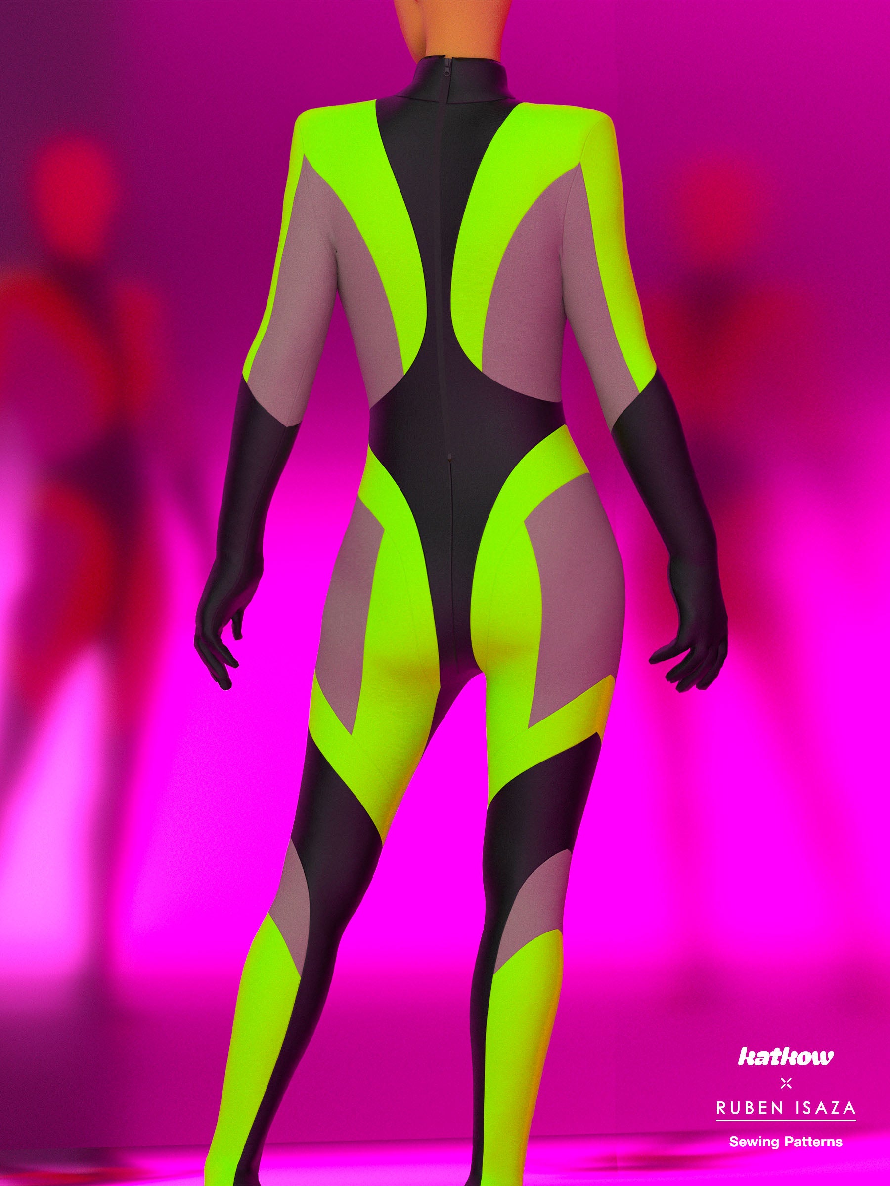 Cyber Striped Full-Body Catsuit Sewing Pattern by Ruben Isaza and Katkow Drag Queen and Standard Womens Costume Outfit Stretch Cutout Colorblock Nude Dancewear Festival Rave Cosplay Mugler Future