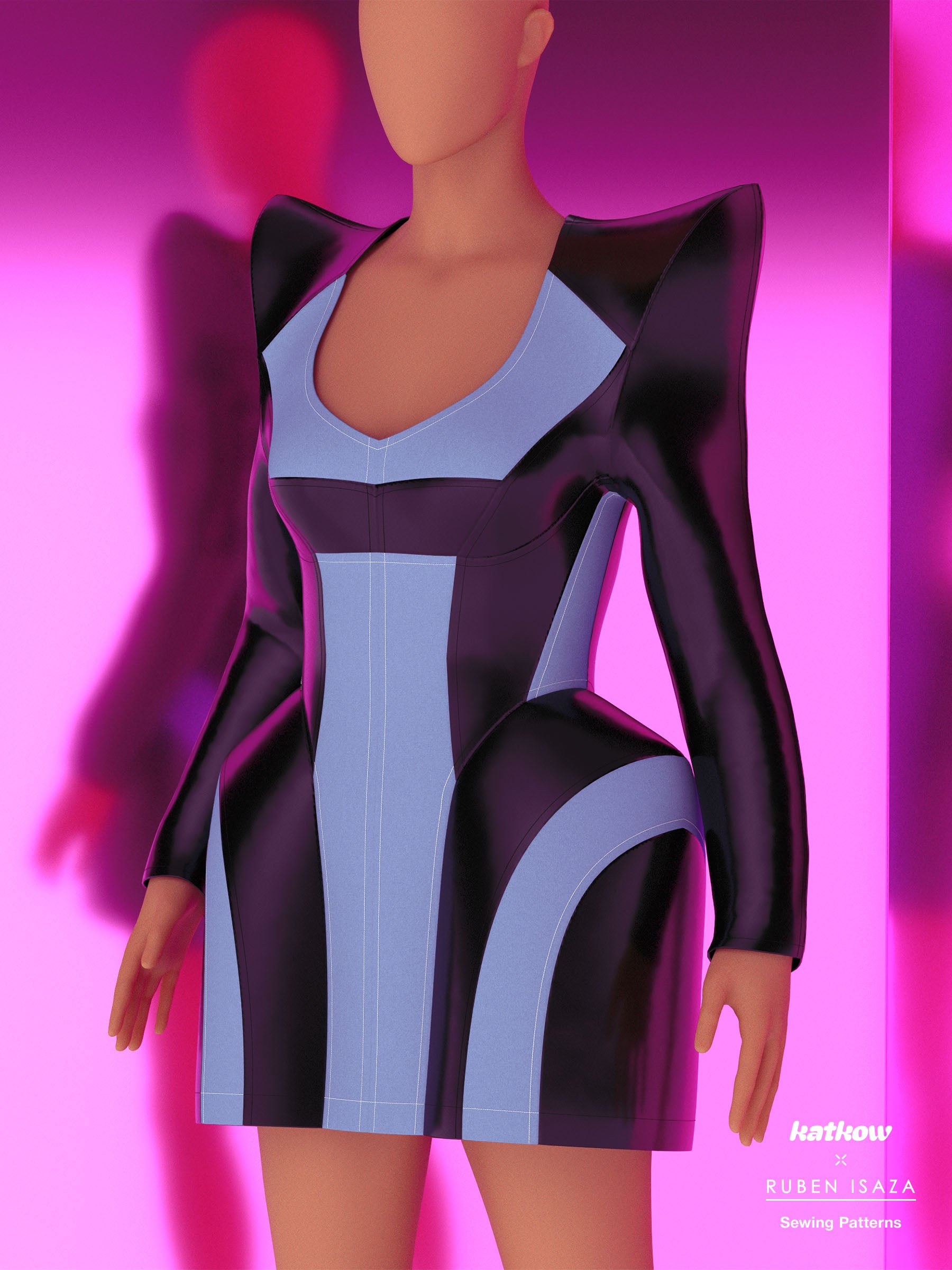 The Pointed Shoulder Hips Dress Sewing Pattern by Ruben Isaza and Katkow Drag Queen and Standard Womens Costume Outfit Cutout Colorblock Festival Rave Cosplay Mugler Future Leather Denim