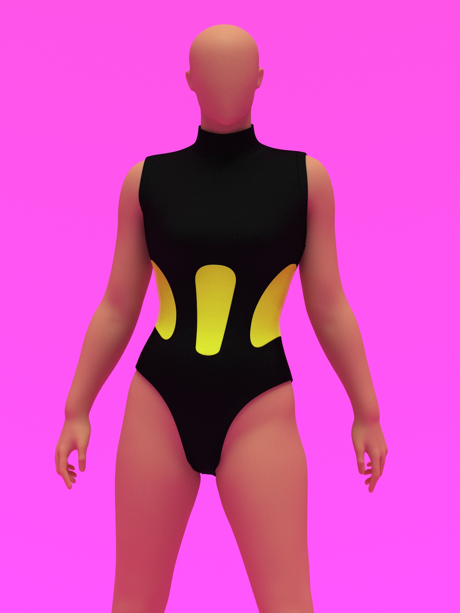 Nina Sleeveless Leotard Sewing Pattern For Drag Queens with Color-block cut outs, easy to sew, beginner pattern, stretch dancewear bodysuit costume outfit by Katkow Front black yellow