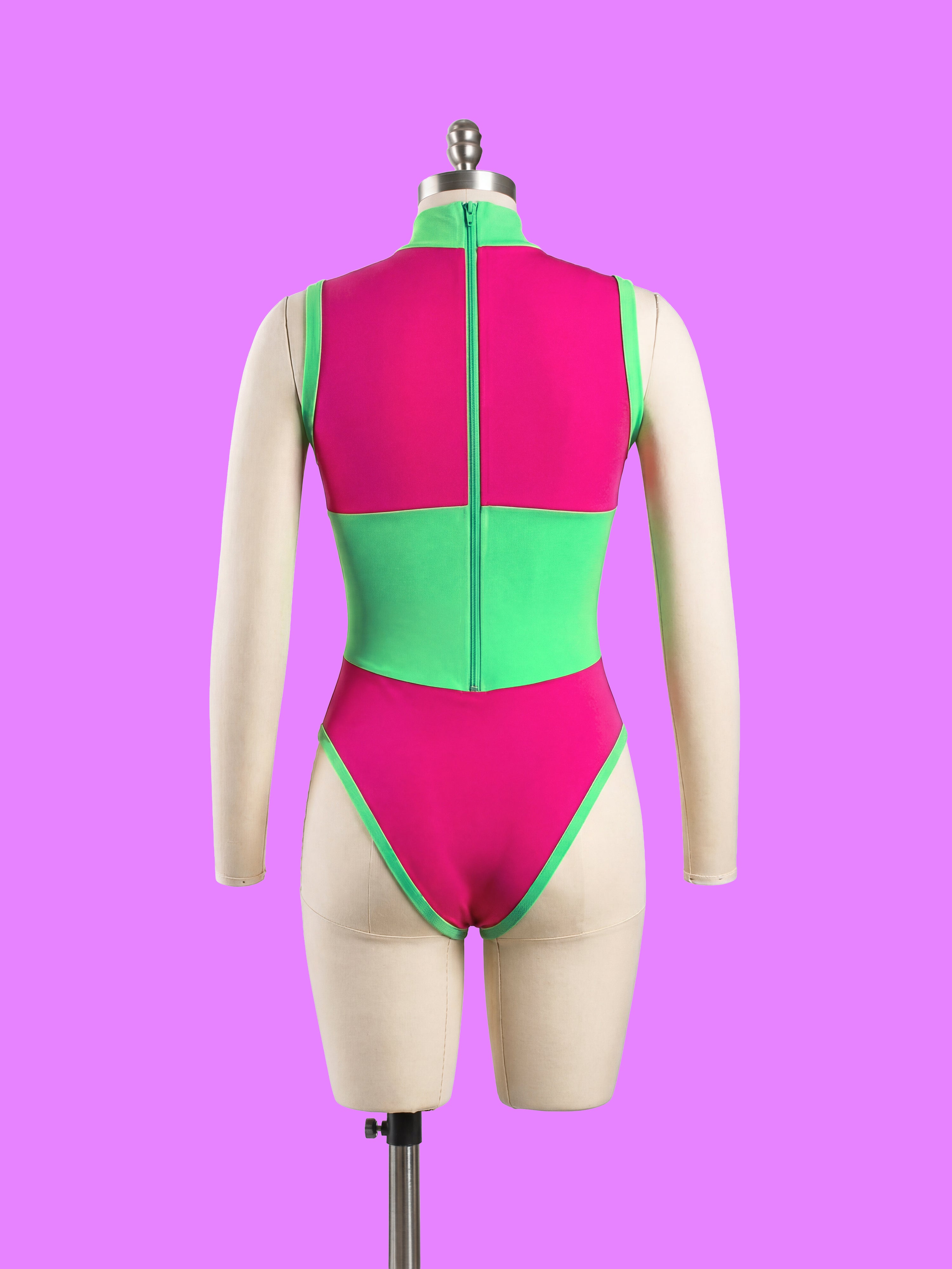 Nina Sleeveless Leotard Sewing Pattern For Drag Queens with Color-block cut outs, easy to sew, beginner pattern, stretch dancewear bodysuit costume outfit by Katkow back dress form