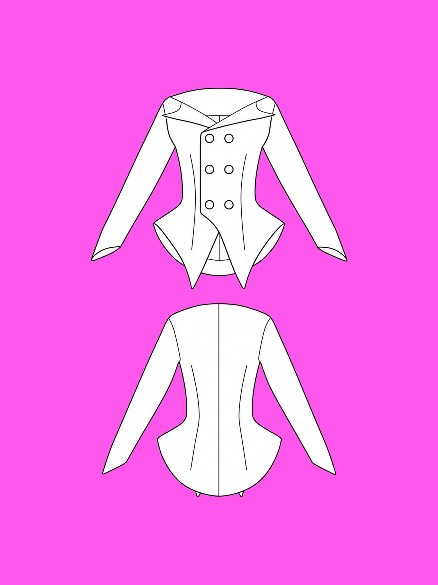 off shoulder double breasted blazer jacket coat sewing pattern for drag queens lady gaga costume high fashion runway business reveal by katkow flats
