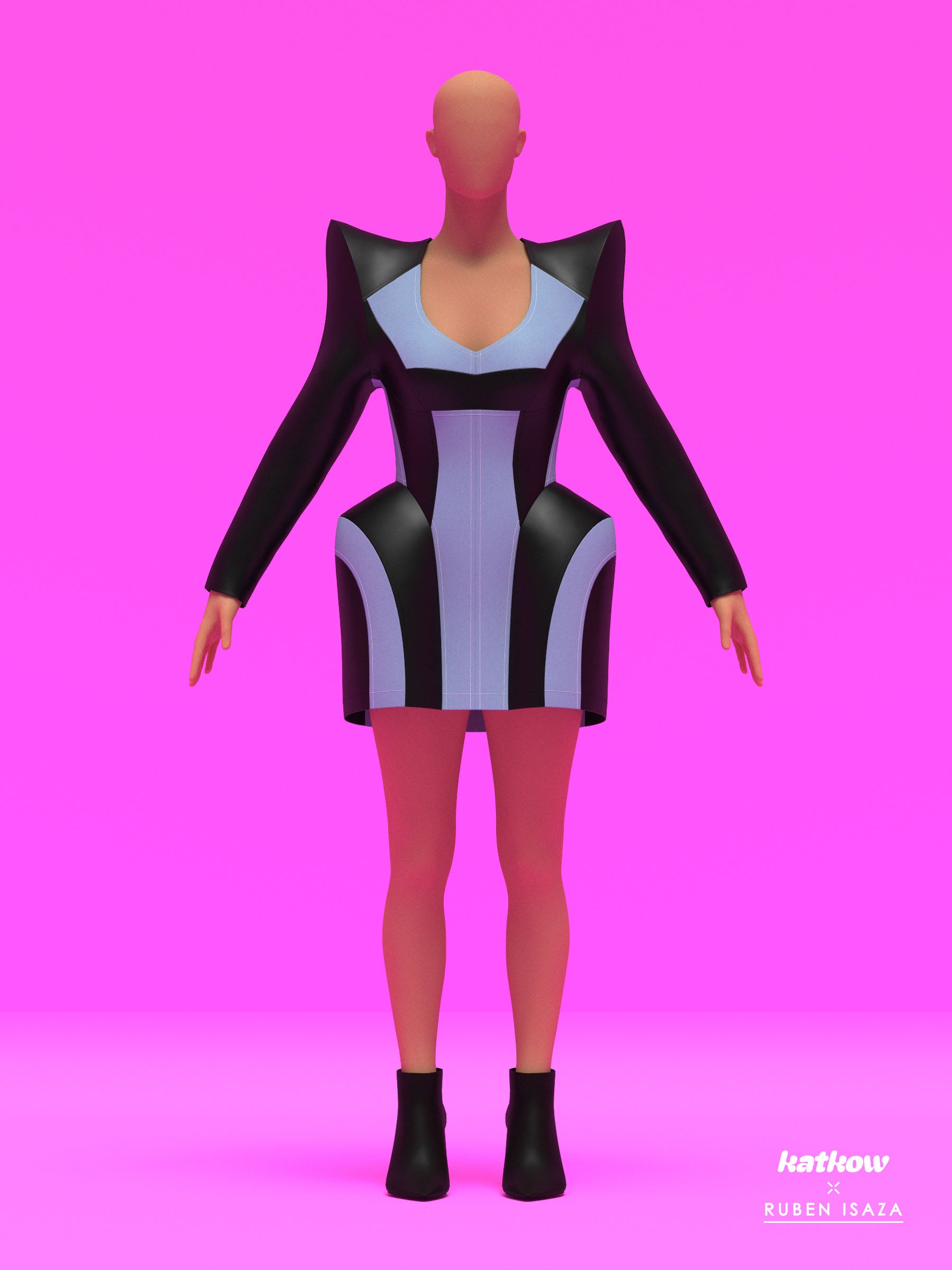 The Pointed Shoulder Hips Dress Sewing Pattern by Ruben Isaza and Katkow Drag Queen and Standard Womens Costume Outfit Cutout Colorblock Festival Rave Cosplay Mugler Future Leather Denim front