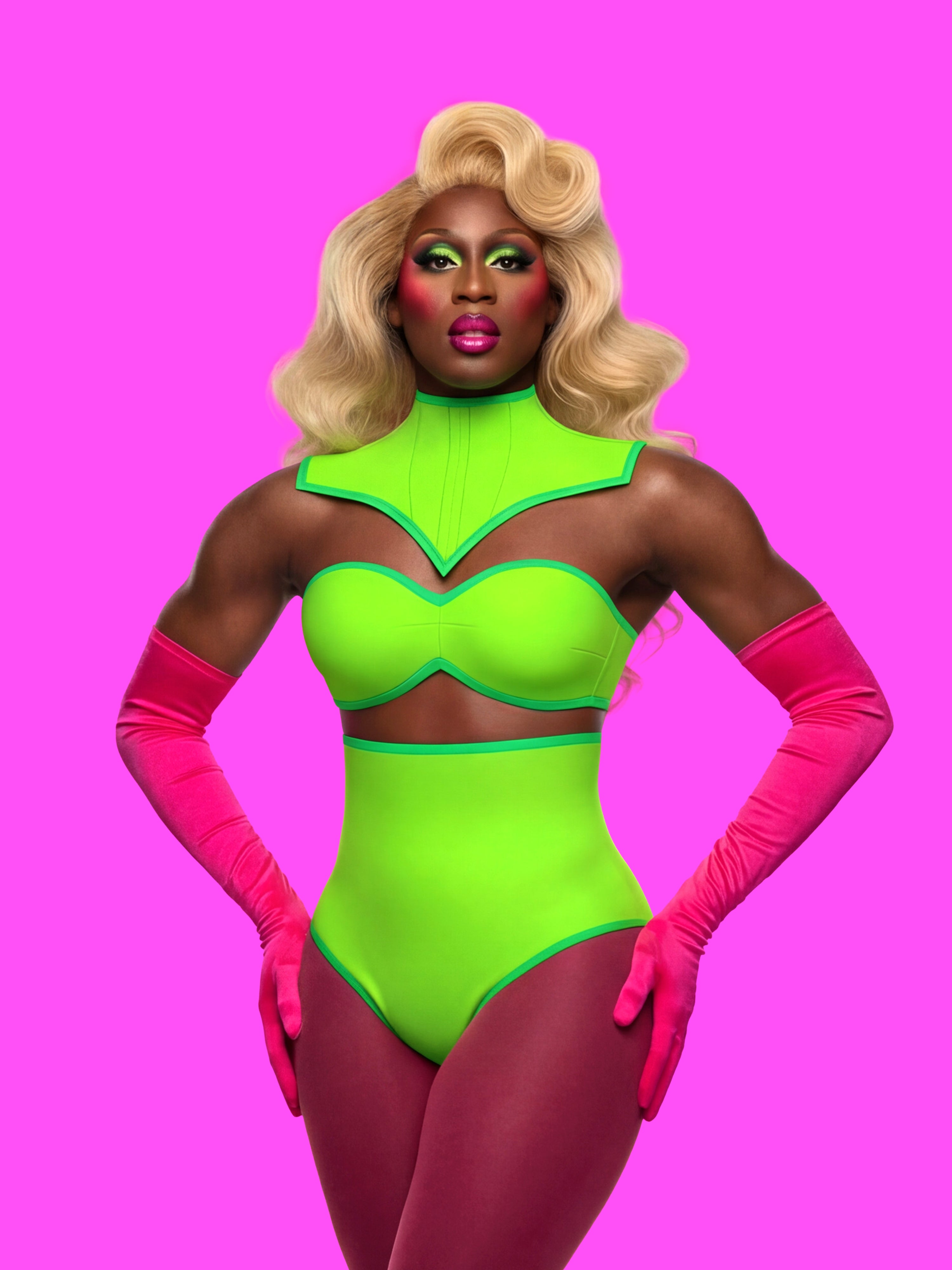 Extended V Pointed Shoulder Corset Harness Sewing Pattern for drag queens goth alternative halloween costume outfit leather by katkow front green model zoom