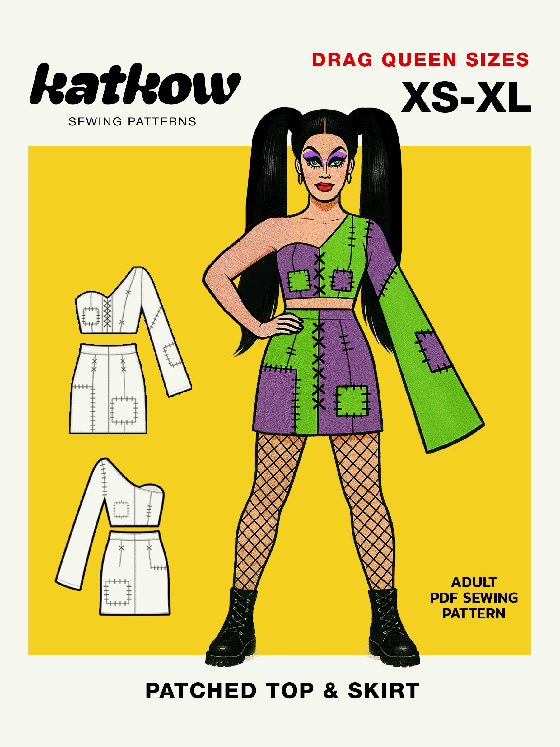 Frankenstein Patchwork Top & Skirt Set (XS-XL) Drag Queen Halloween Costume Sewing Pattern by Katkow illustration cover