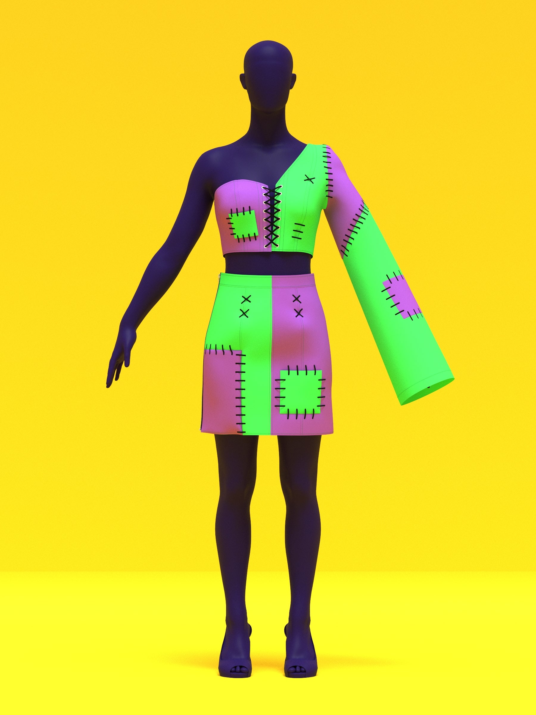 Frankenstein Patchwork Top & Skirt Set (XS-XL) Drag Queen Halloween Costume Sewing Pattern by Katkow front light