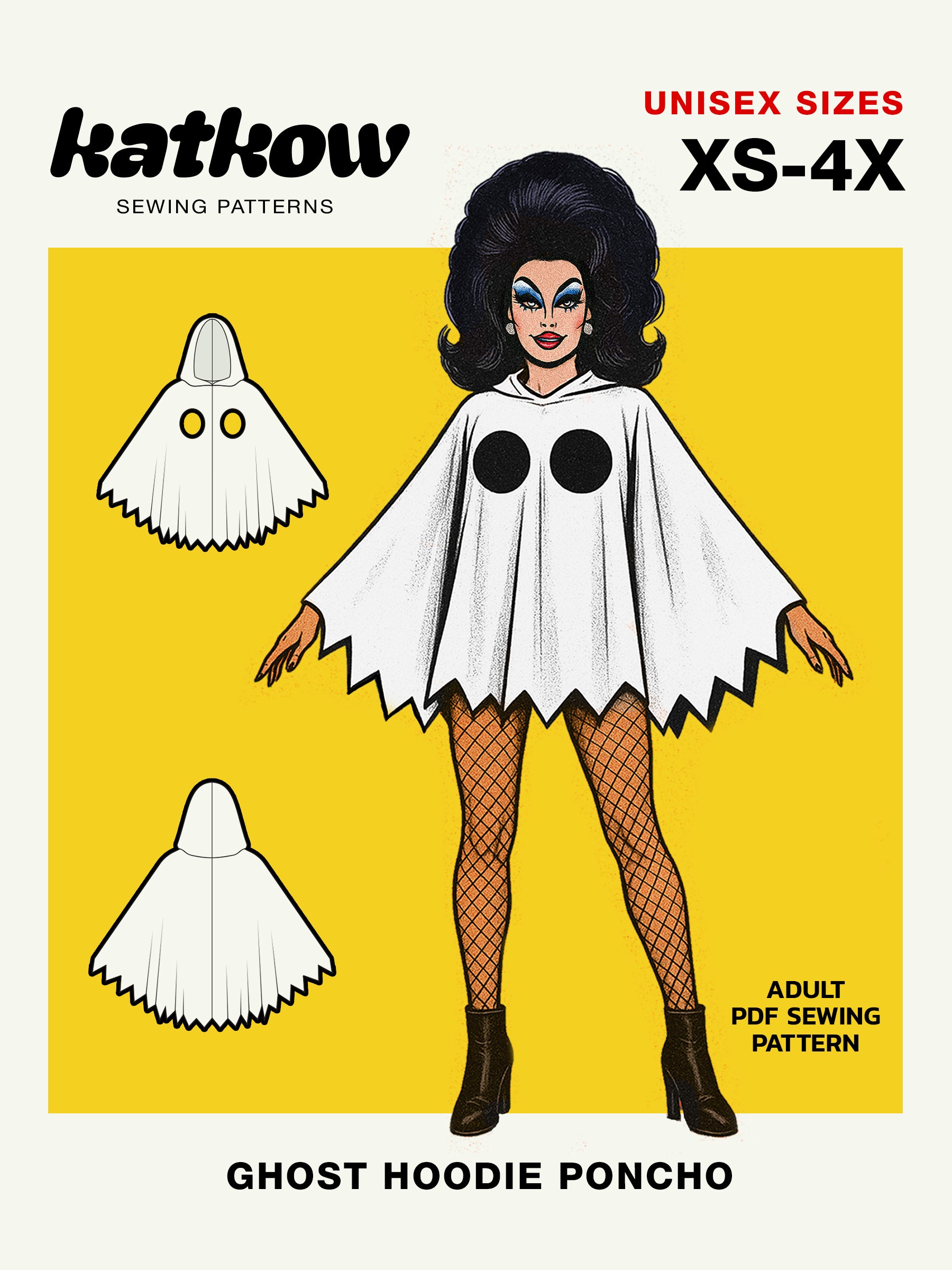 Ghost Hooded Poncho (XS-4X) Drag Queen Halloween Costume Sewing Pattern