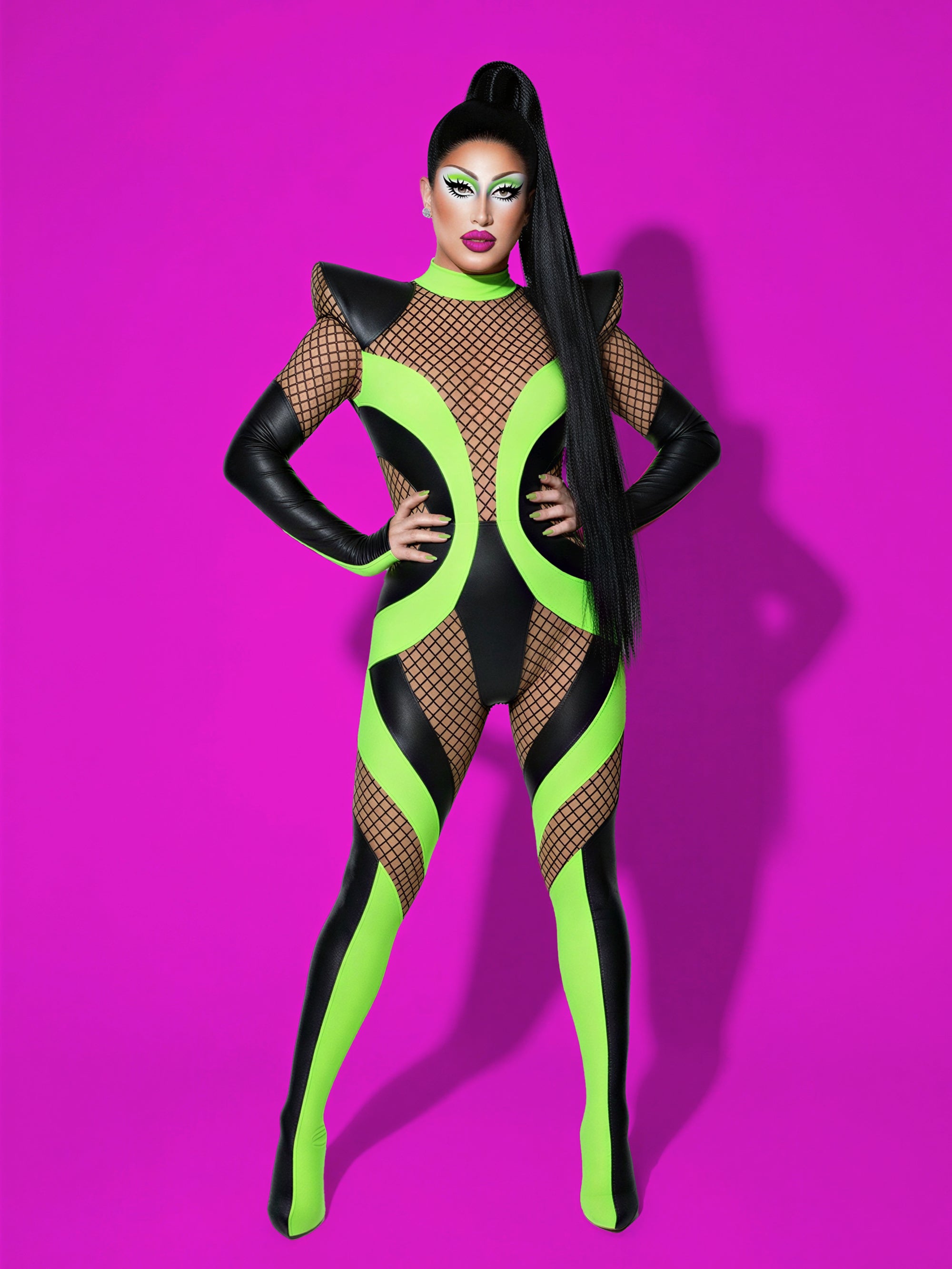 full body mesh striped catsuit sewing pattern by katkow and ruben isaza for drag queens model sour mandy pose bodysuit