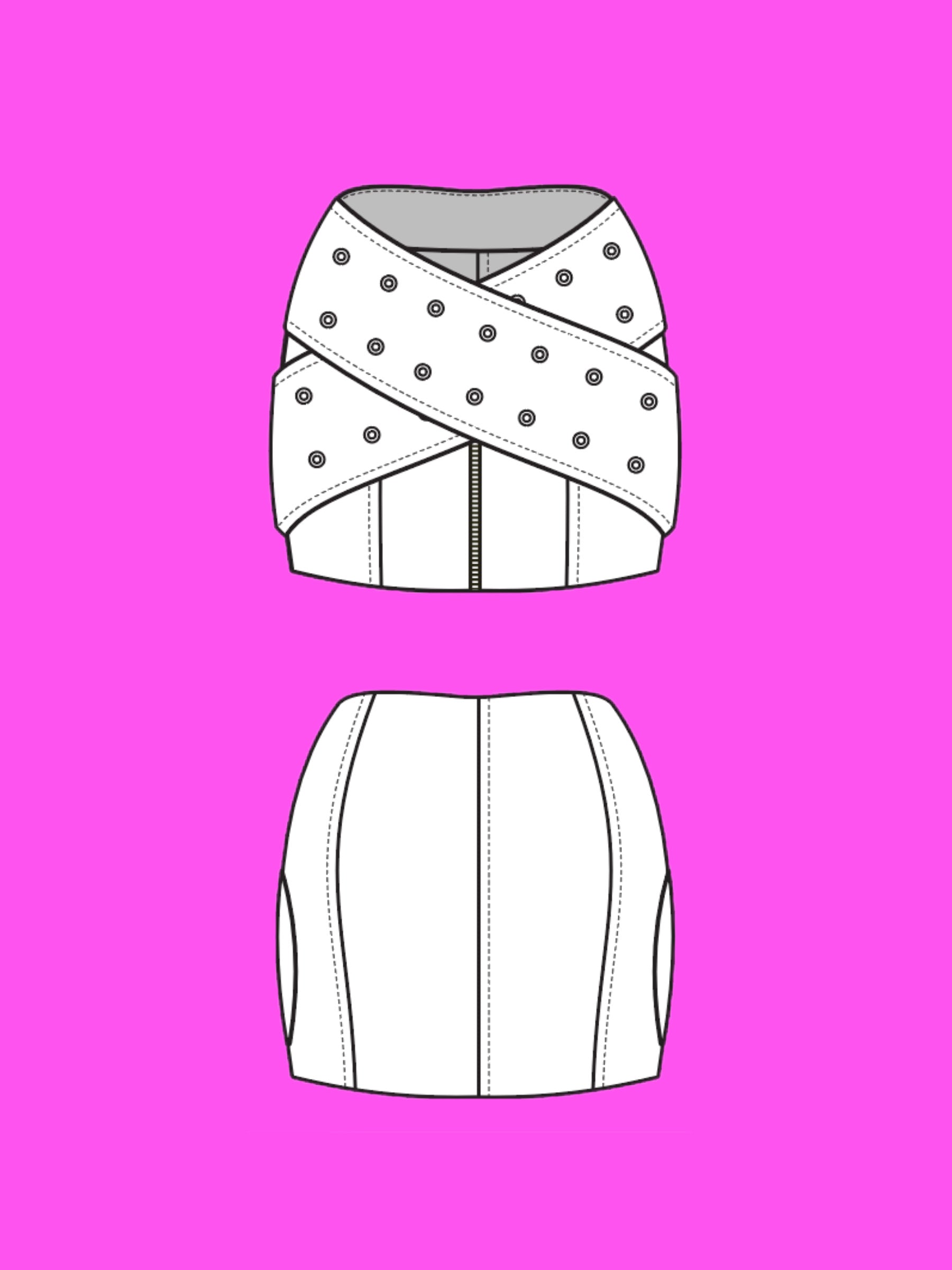 Oversized Crossed Belt Mini Skirt Sewing Pattern for drag queens y2k doll style costume by Katkow Flats