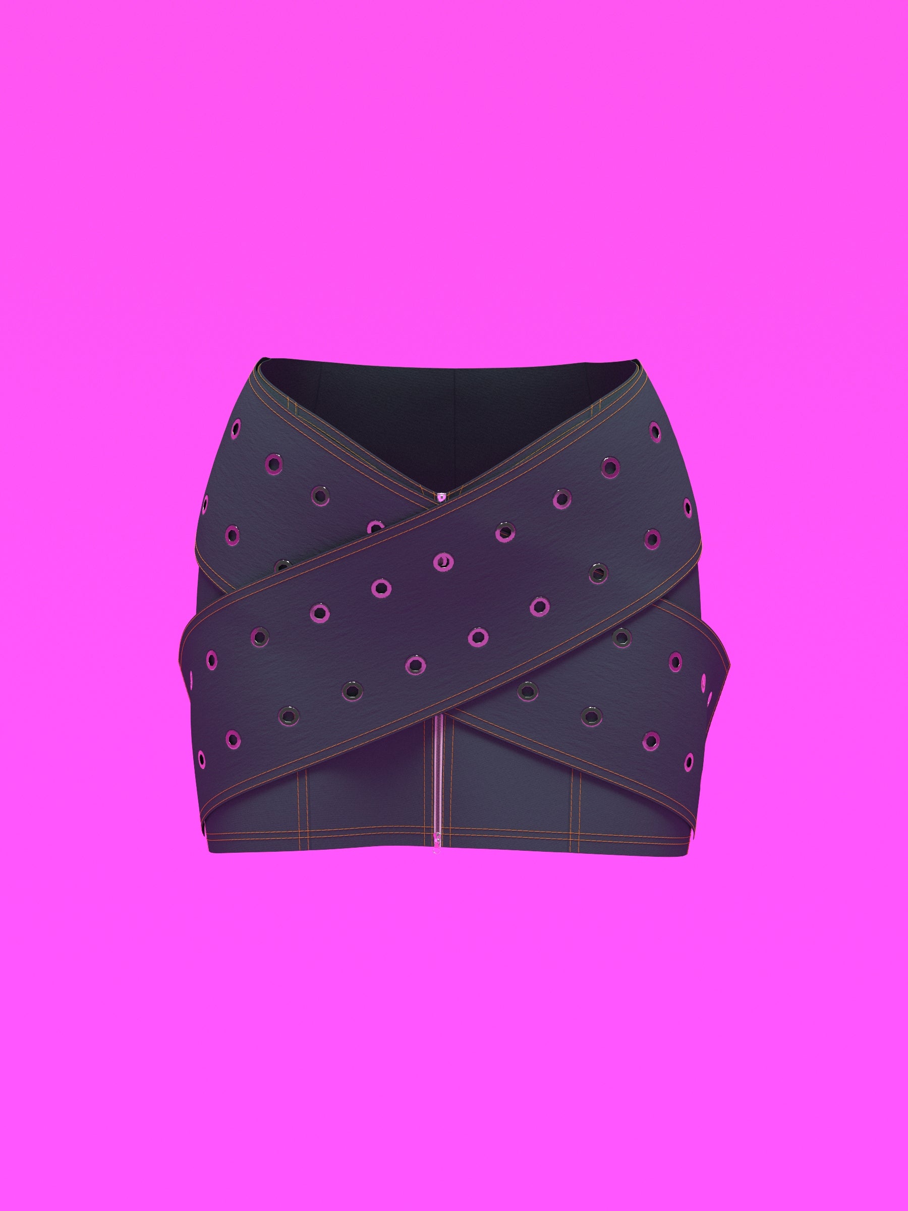 Oversized Crossed Belt Mini Skirt Sewing Pattern for drag queens y2k doll style costume by Katkow front denim