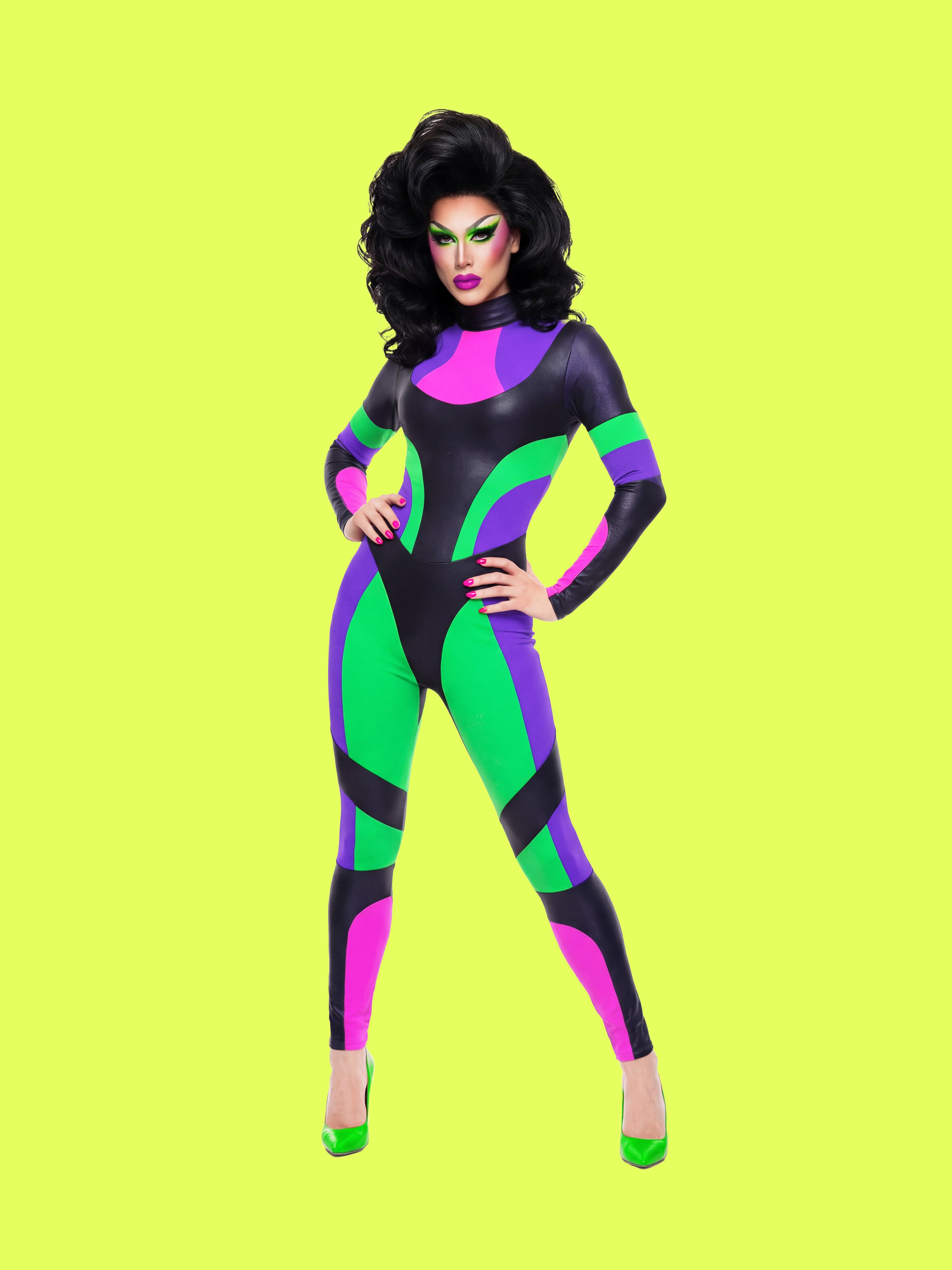 paneled catsuit sewing pattern for drag queens modeled by sour mandy drag queen by katkow costume bodysuit leotard colorblock