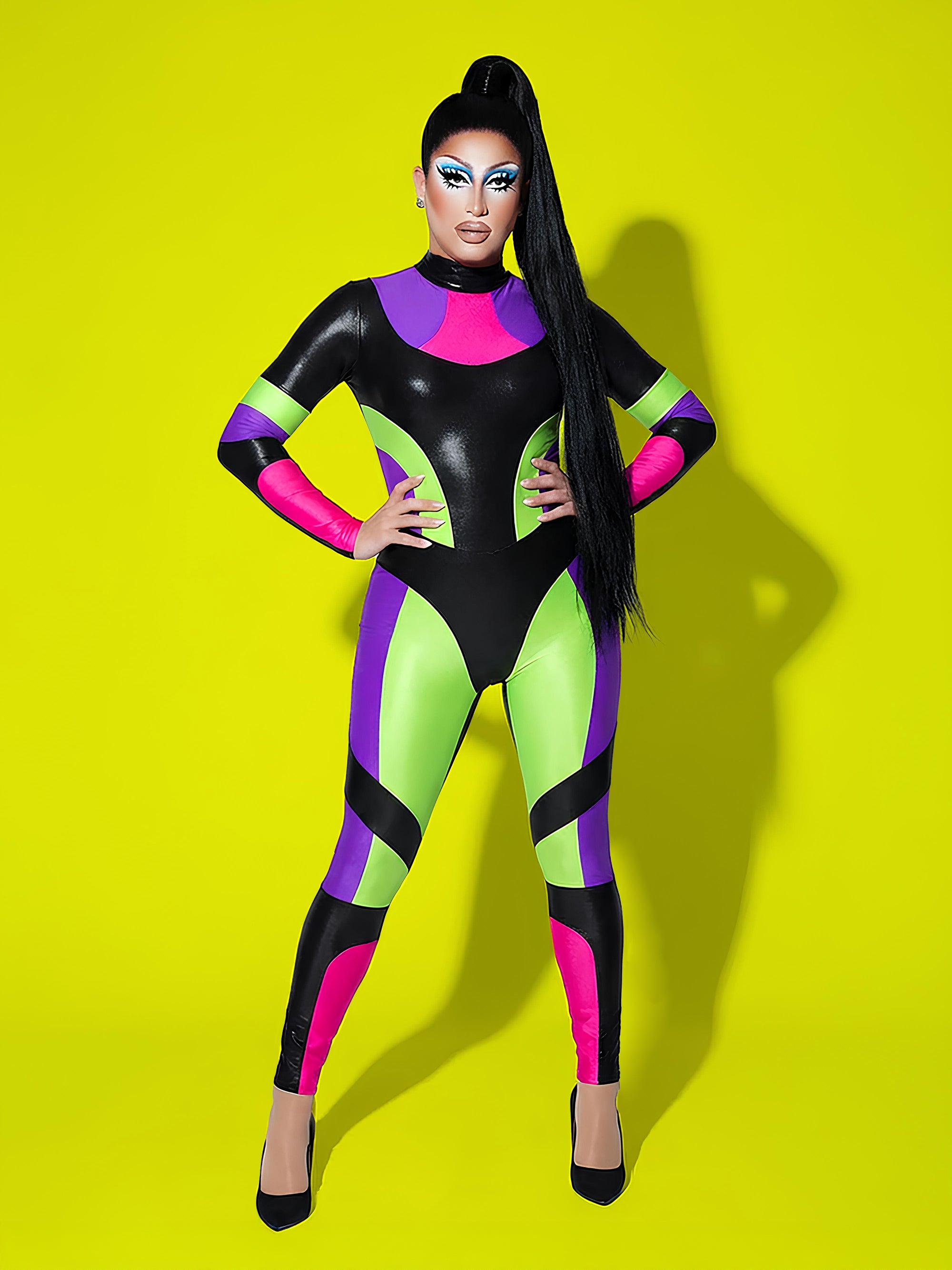 paneled catsuit sewing pattern for drag queens modeled by sour mandy drag queen by katkow costume bodysuit leotard colorblock