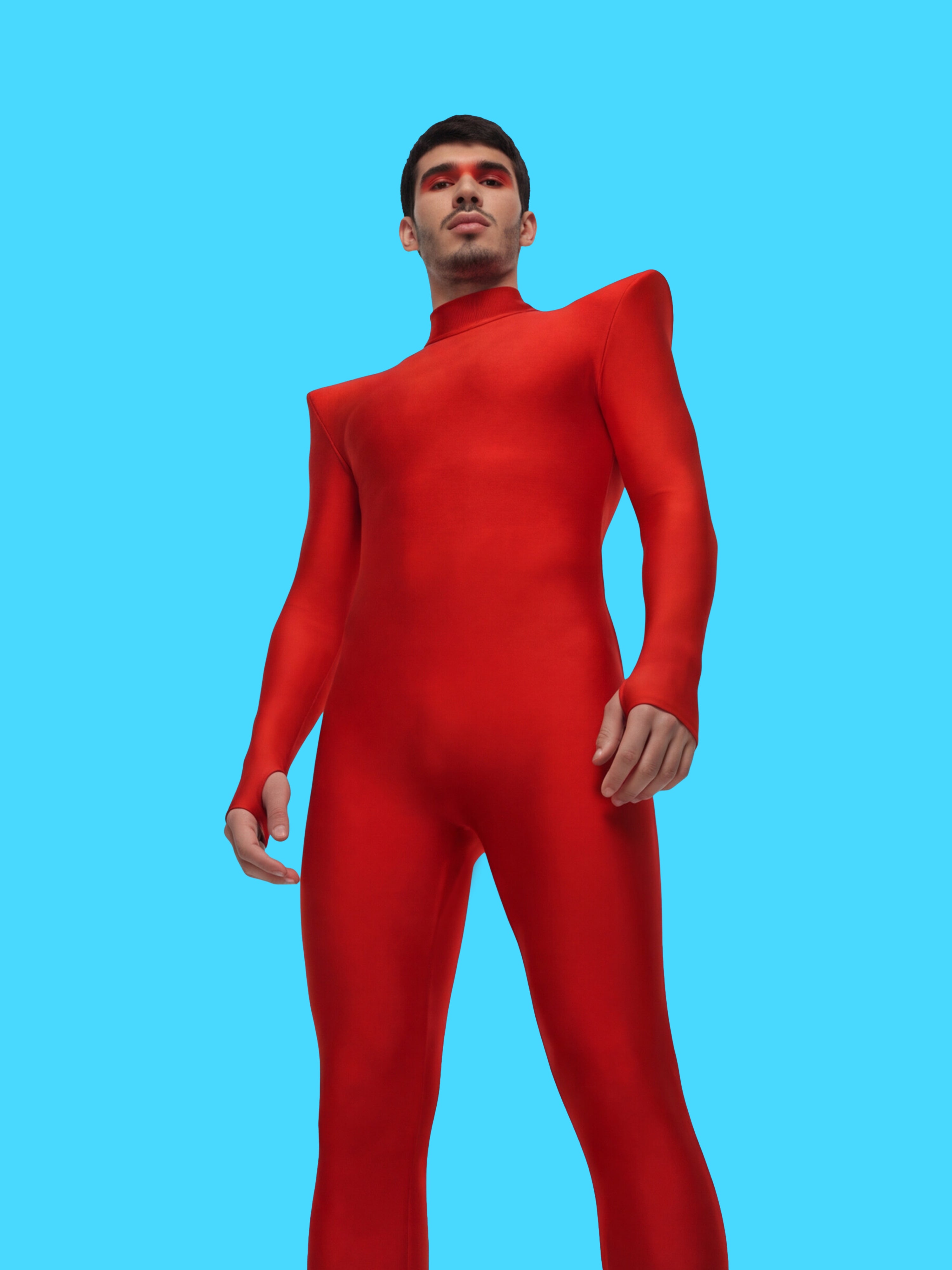 Men's Pointed Shoulder Catsuit Sewing Pattern for cosplay and superhero suit builds stretch bodysuit dancewear costume onesie adult jumpsuit by Katkow front model low