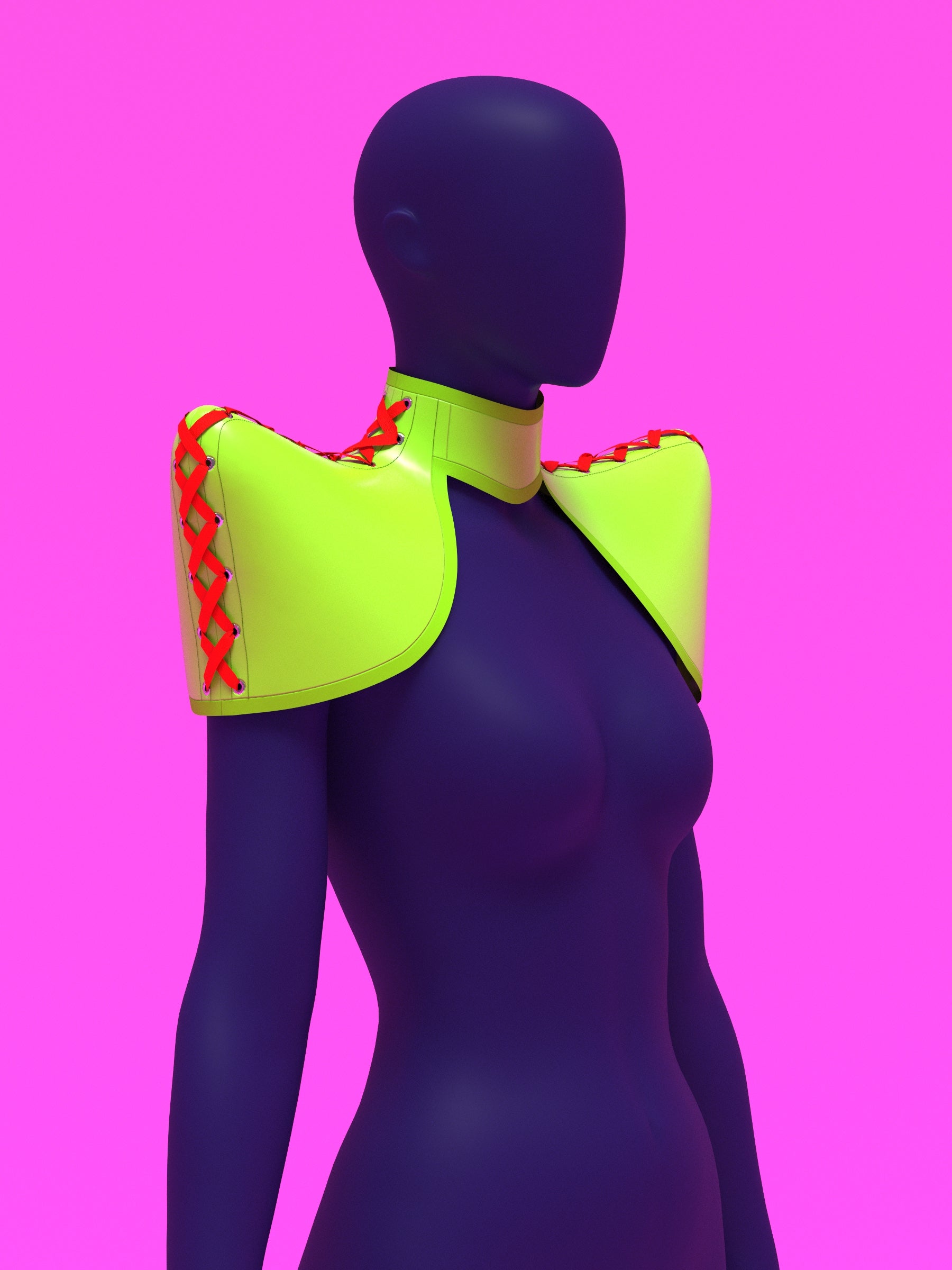 Pointed shoulder neck harness corset sewing pattern with laced up sides and back for drag queens and fetish sexy costume or halloween costume by katkow angle