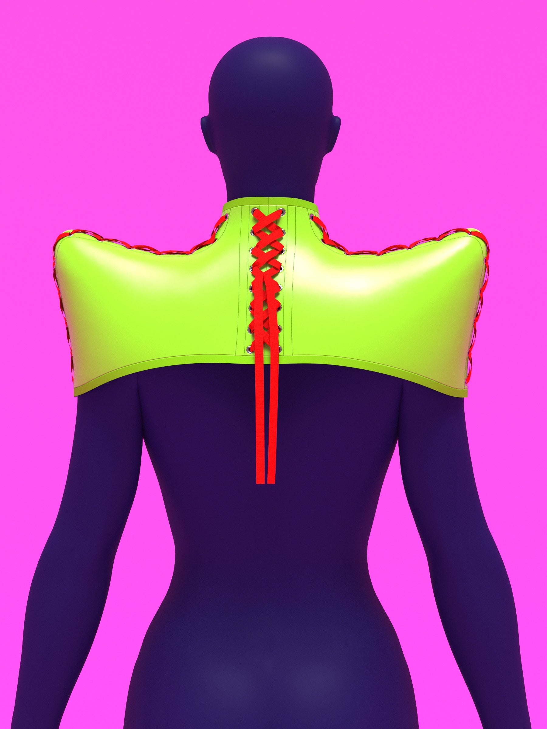 Pointed shoulder neck harness corset sewing pattern with laced up sides and back for drag queens and fetish sexy costume or halloween costume by katkow back