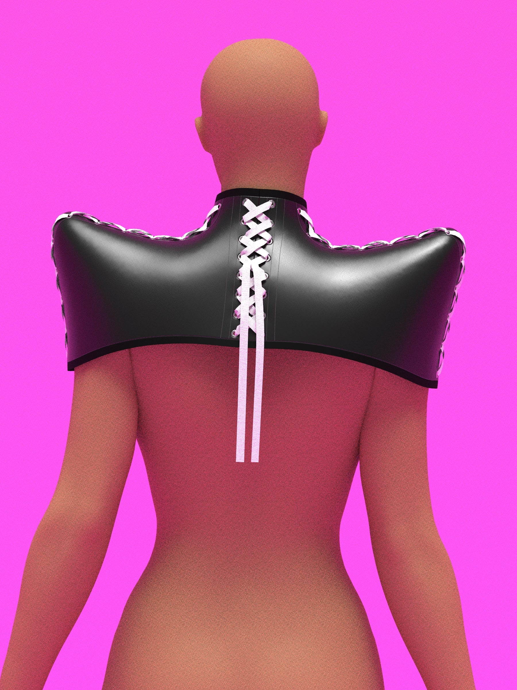 Pointed shoulder neck harness corset sewing pattern with laced up sides and back for drag queens and fetish sexy costume or halloween costume by katkow black garment back