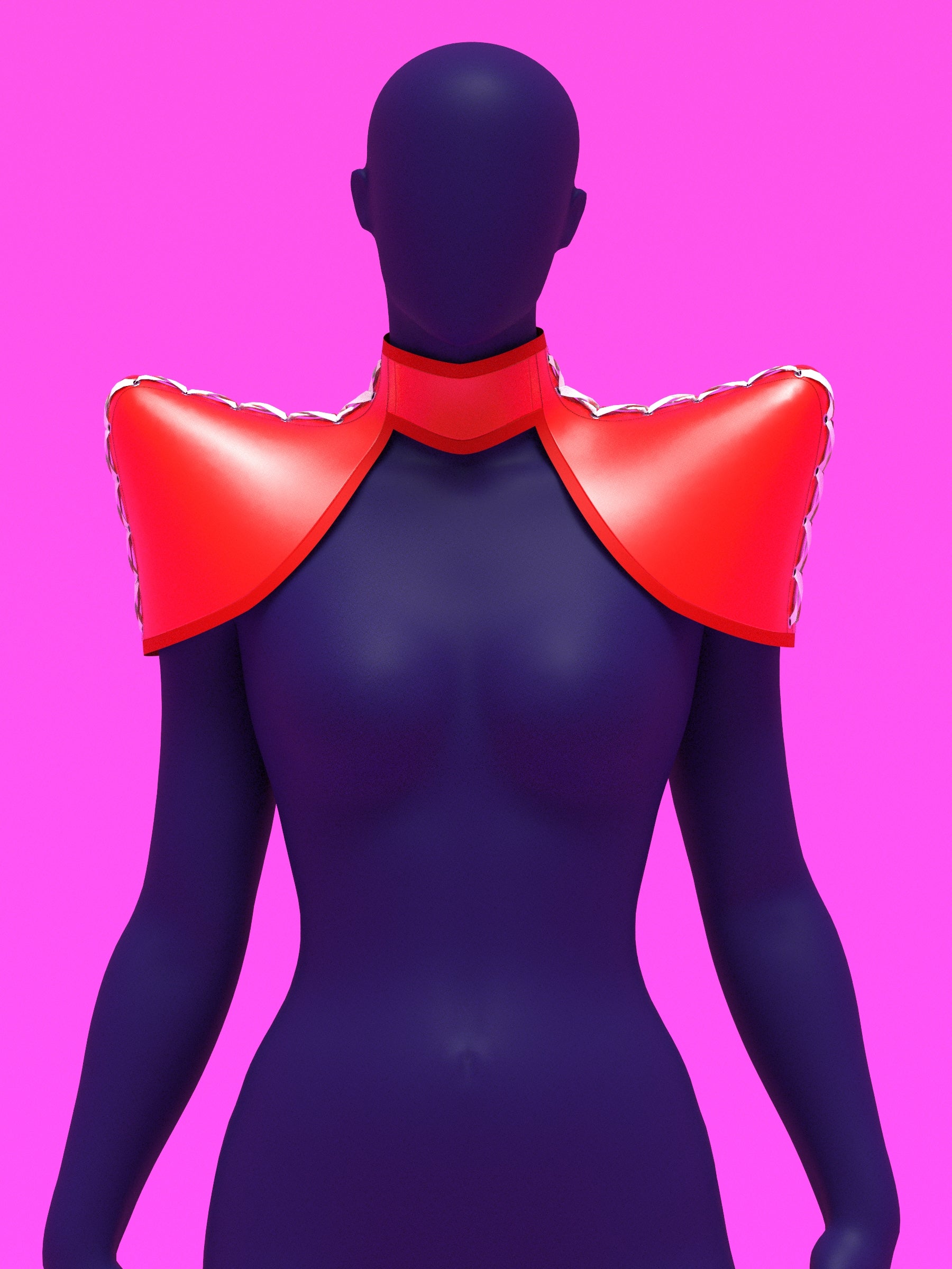 Pointed shoulder neck harness corset sewing pattern with laced up sides and back for drag queens and fetish sexy costume or halloween costume by katkow red