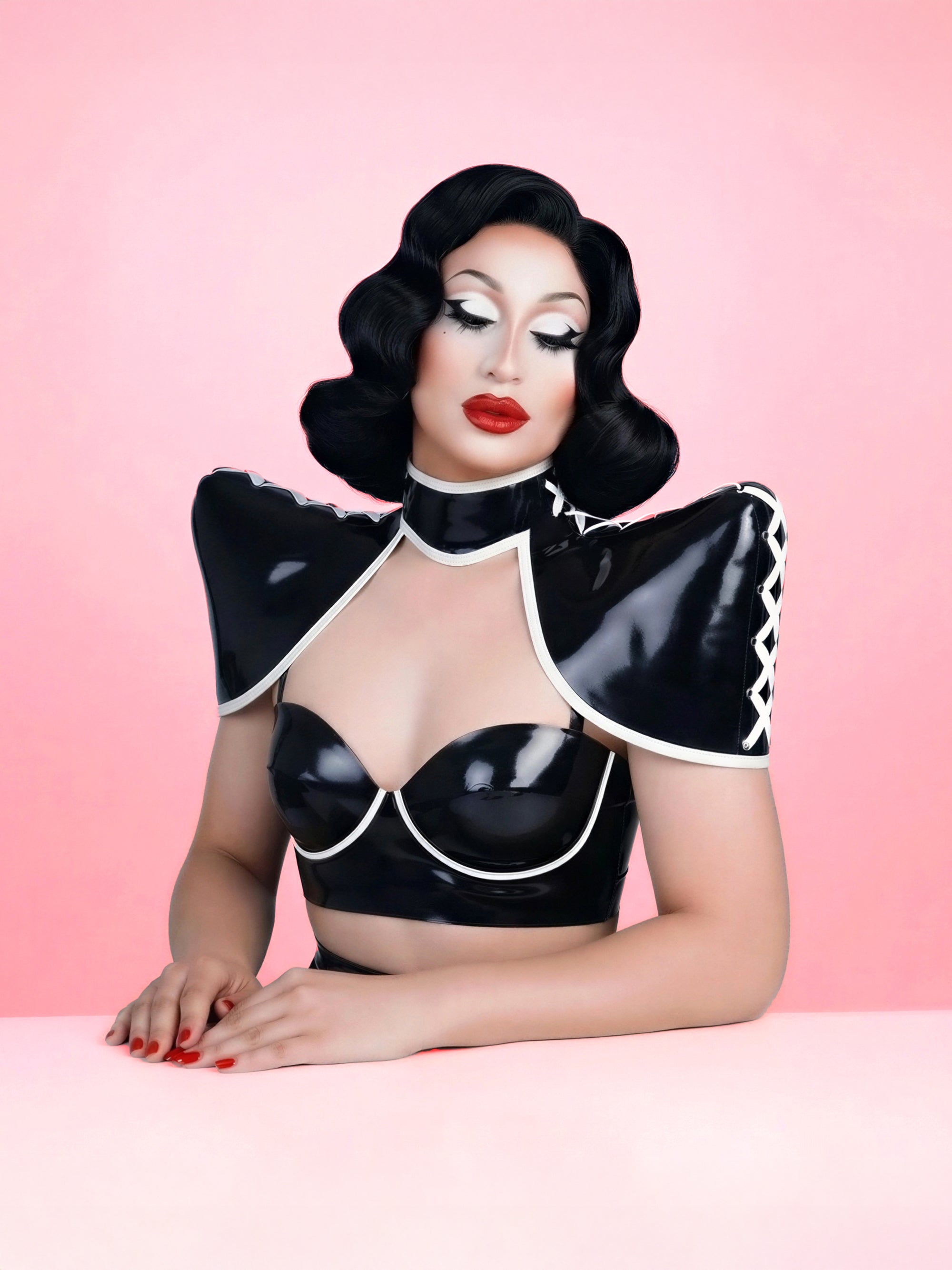 pointed shoulder neck corset sewing pattern latex faux leather harness pattern for drag queens by katkow sourn mandy drag model