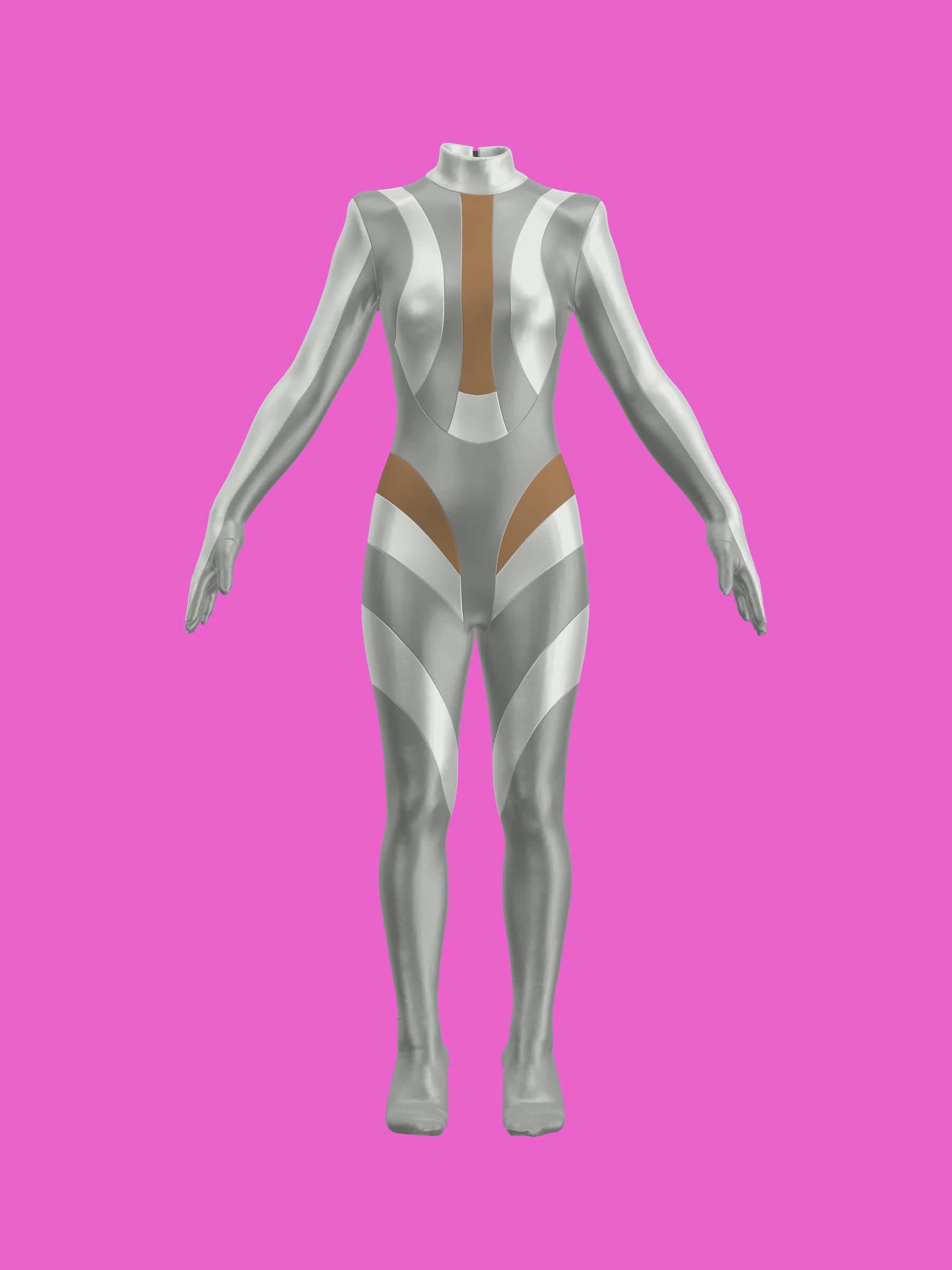 Silver Striped Full-Body Catsuit Sewing Pattern by Ruben Isaza and Katkow Drag Queen and Standard Womens Costume Outfit Stretch Cutout Colorblock Nude Dancewear Festival Rave Cosplay Mugler