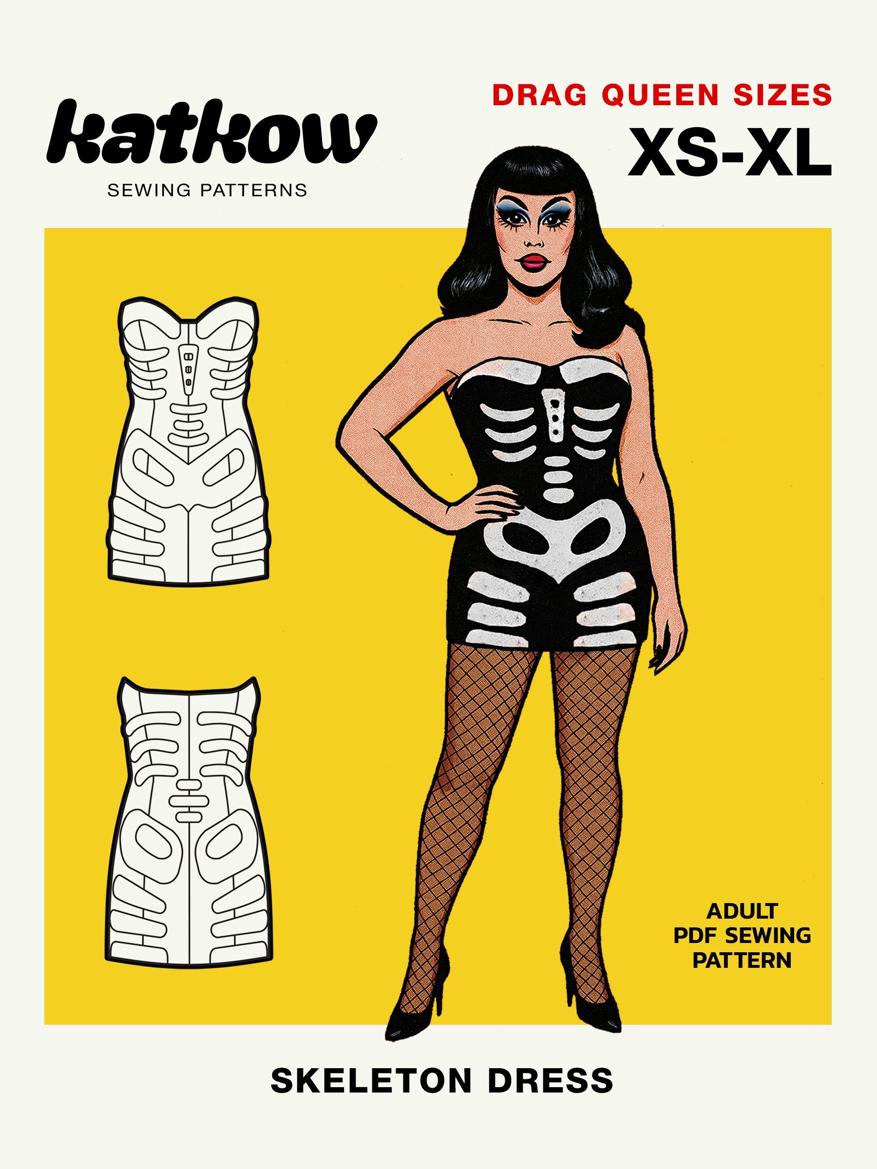 Skeleton Dress (XS-XL) Drag Queen Halloween Costume Sewing Pattern Katkow Cover
