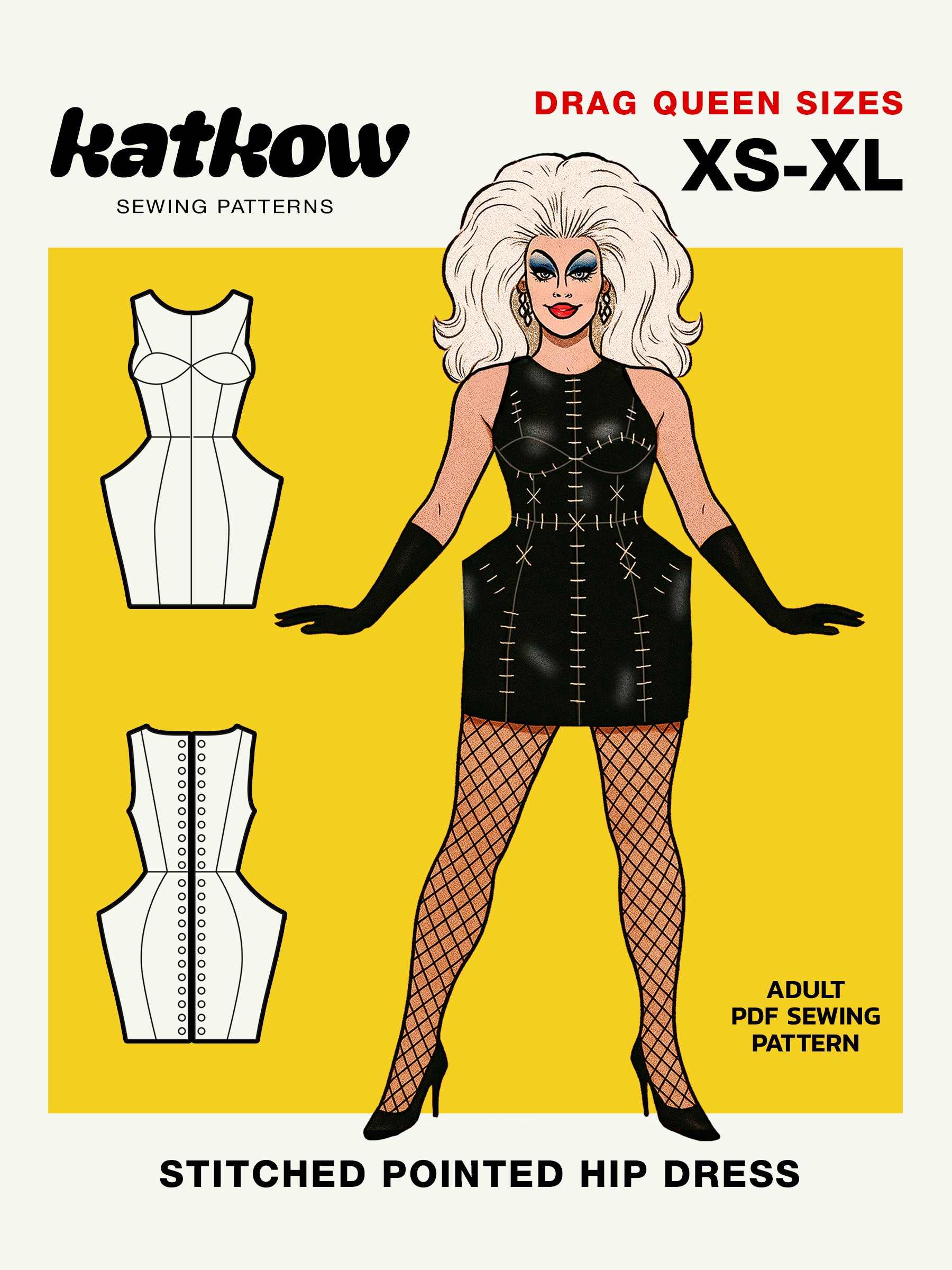 Stitched Pointed Hips Dress (XS-XL) Drag Queen Halloween Costume Sewing Pattern Illustration Cover