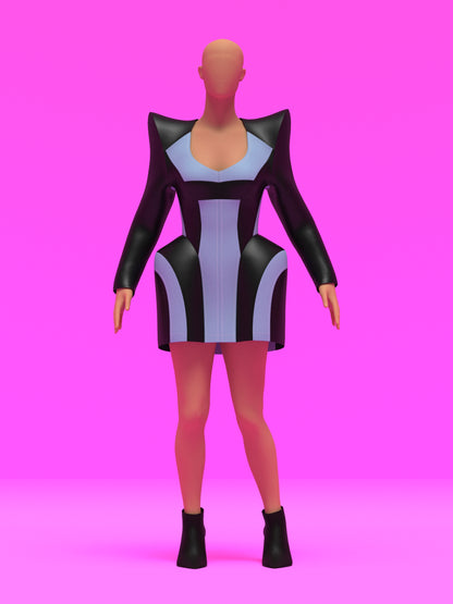 The Pointed Shoulder Hips Dress Sewing Pattern by Ruben Isaza and Katkow Drag Queen and Standard Womens Costume Outfit Cutout Colorblock Festival Rave Cosplay Mugler Future Leather Denim