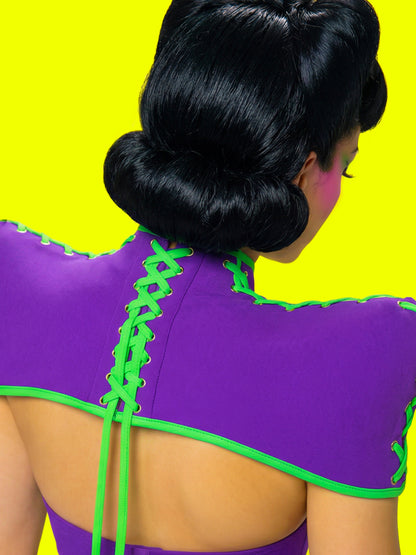 pointed shoulder neck corset sewing pattern latex faux leather harness pattern for drag queens by katkow sourn mandy drag model