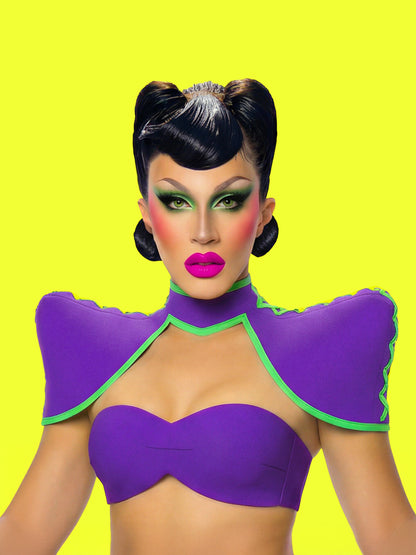 pointed shoulder neck corset sewing pattern latex faux leather harness pattern for drag queens by katkow sourn mandy drag model