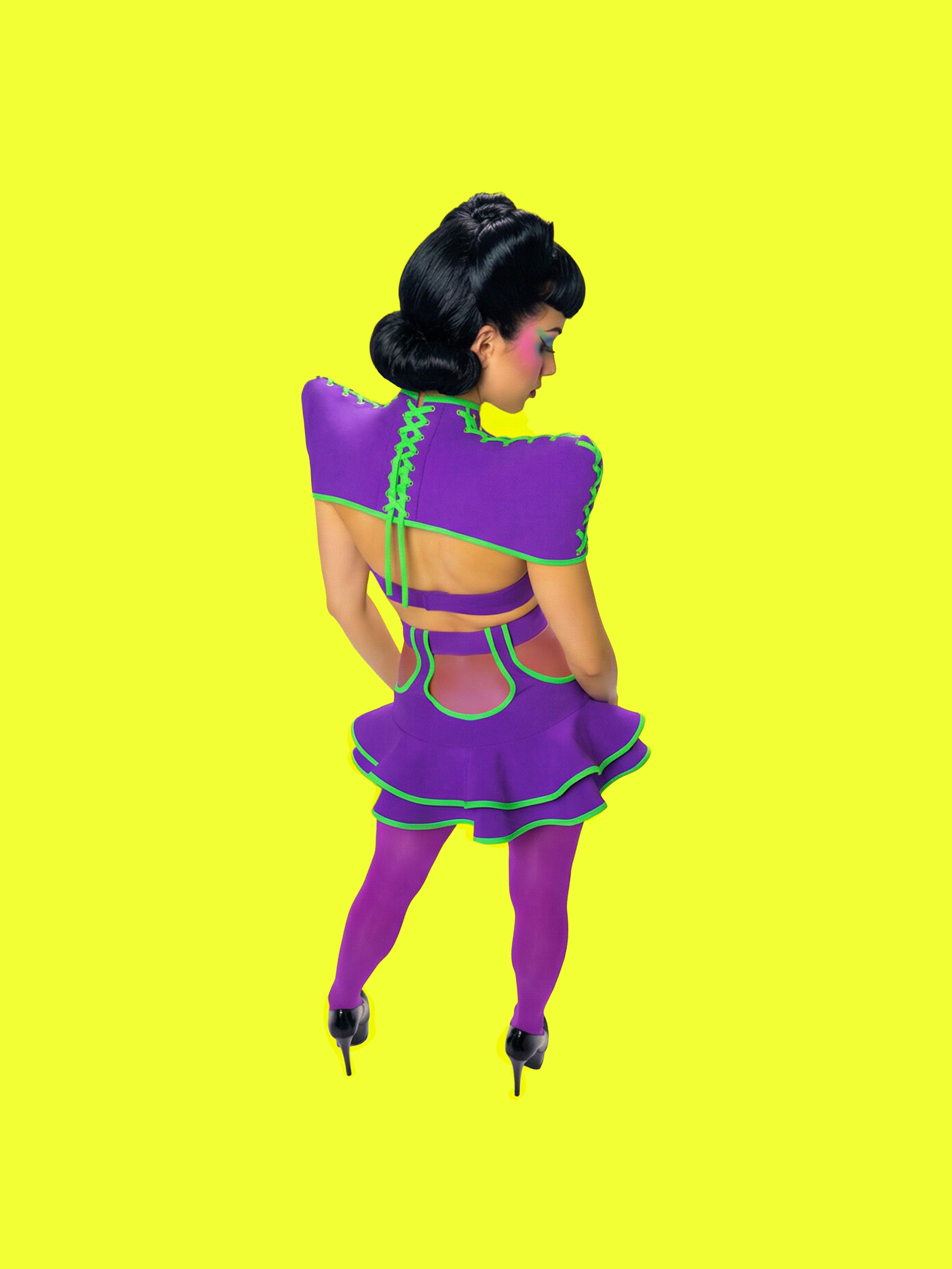 pointed shoulder neck corset sewing pattern latex faux leather harness pattern for drag queens by katkow sourn mandy drag model