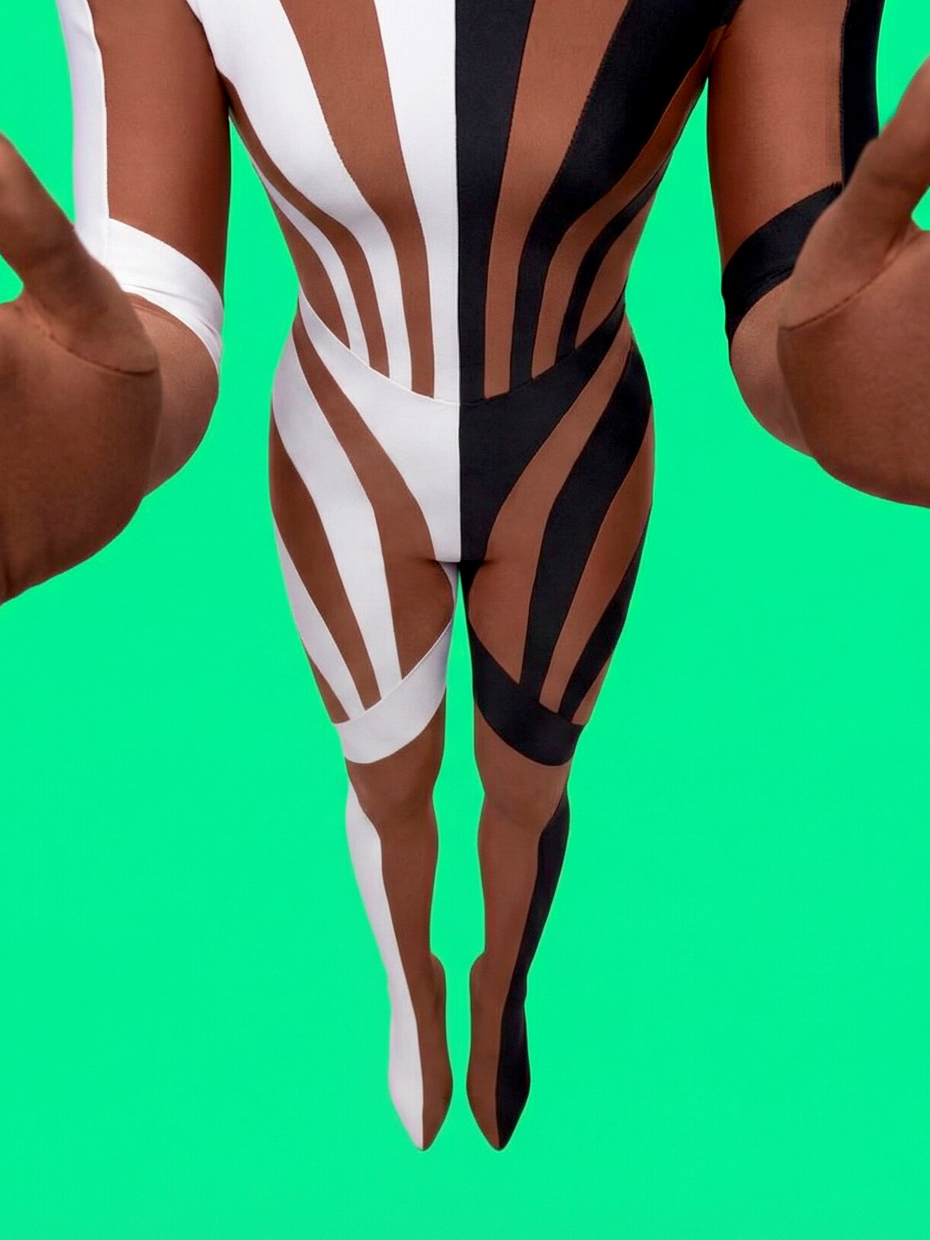 Half Striped Full-Body Catsuit Sewing Pattern by Ruben Isaza and Katkow Drag Queen and Standard Womens Costume Outfit Stretch Cutout Colorblock Nude Dancewear Festival Rave Cosplay Mugler front top