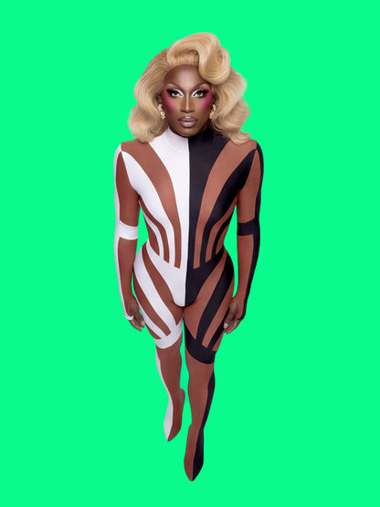 Half Striped Full-Body Catsuit Sewing Pattern by Ruben Isaza and Katkow Drag Queen and Standard Womens Costume Outfit Stretch Cutout Colorblock Nude Dancewear Festival Rave Cosplay Mugler front 3