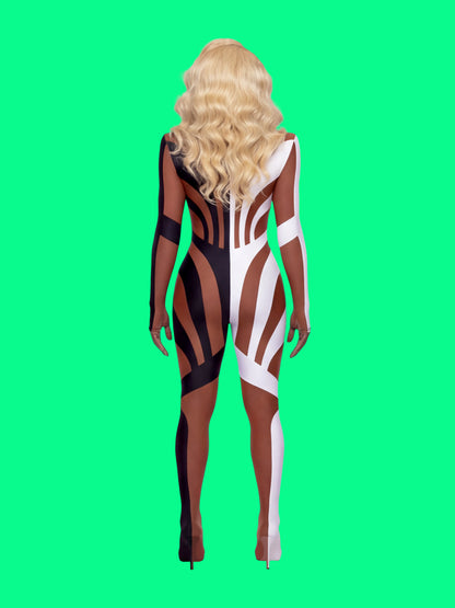 Half Striped Full-Body Catsuit Sewing Pattern by Ruben Isaza and Katkow Drag Queen and Standard Womens Costume Outfit Stretch Cutout Colorblock Nude Dancewear Festival Rave Cosplay Mugler back