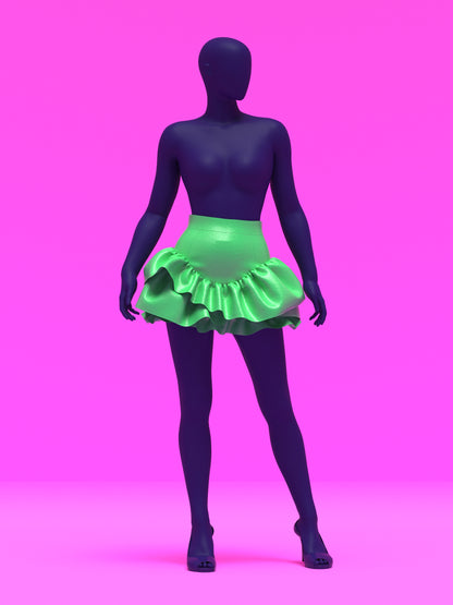 Mini Skirt with Wave Ruffles Sewing Pattern For Drag Queens asymmetrical y2k style costume dress by Katkow front green