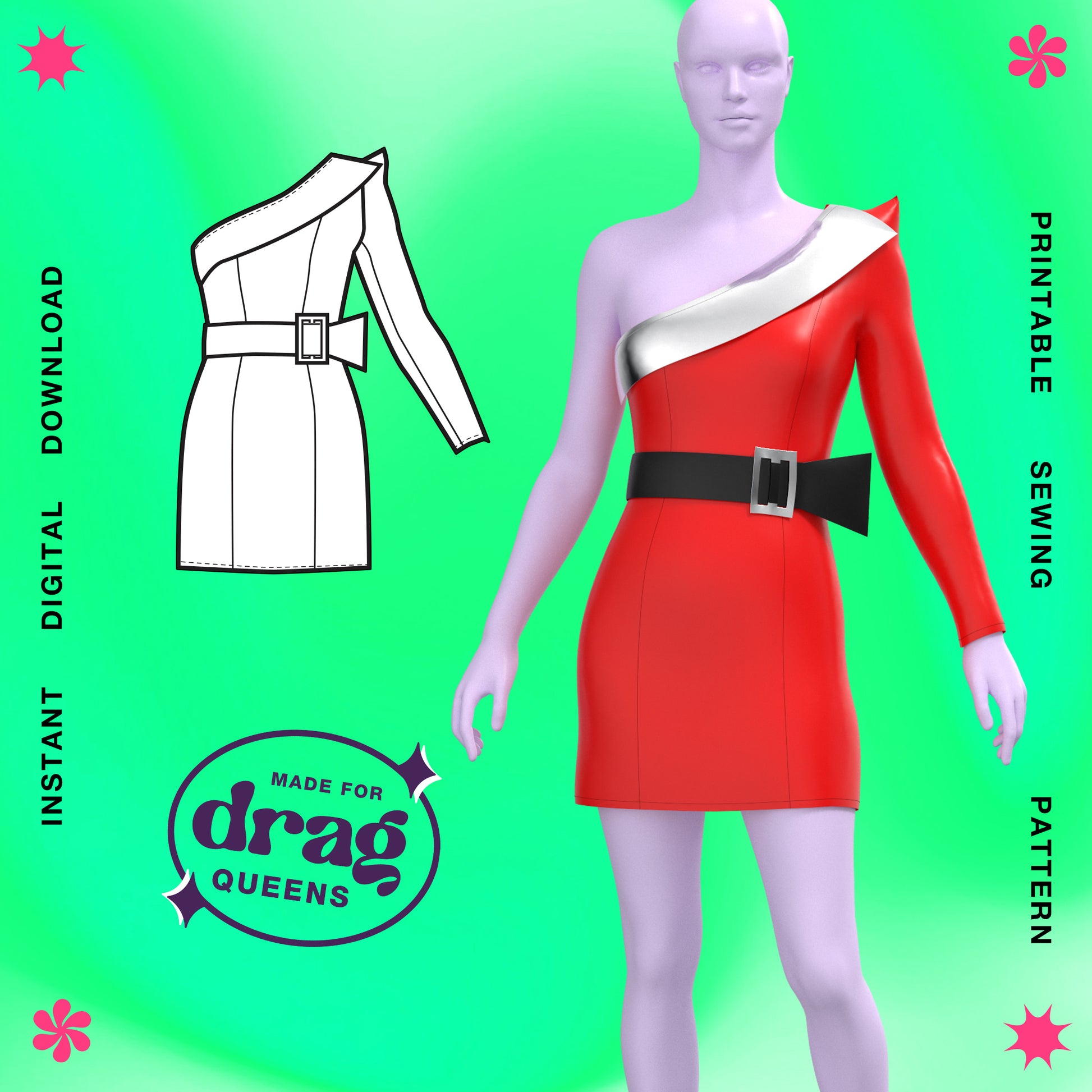 Katkow Asymmetric Sleeve Mini Dress Sewing Pattern (Sizes XS-4X) - PDF Made for Drag Queens Drag Queen Fashion Midi Dress Holiday Dress Santa Dress