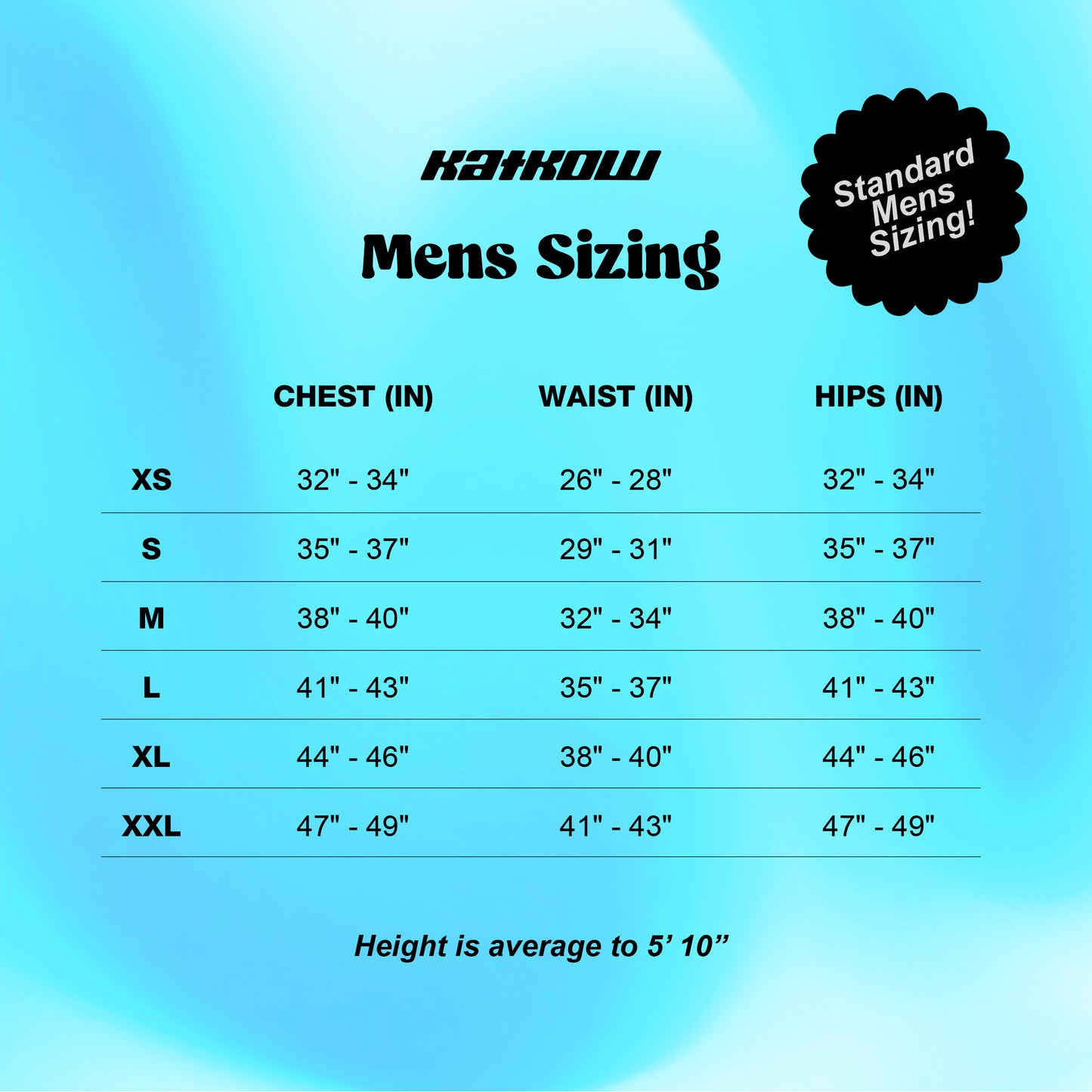 Katkow Mens Catsuit Sewing Pattern (Sizes XS-XXL) - size chart