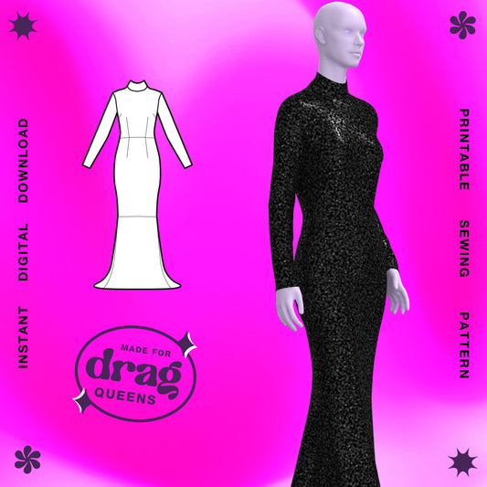 Katkow Long Sleeve Gown Sewing Pattern for Drag Queens Costume, Fashion, Wedding, Prom, Fantasy, Fairy, Gala, Evening Dress, Skirt, Train thumb