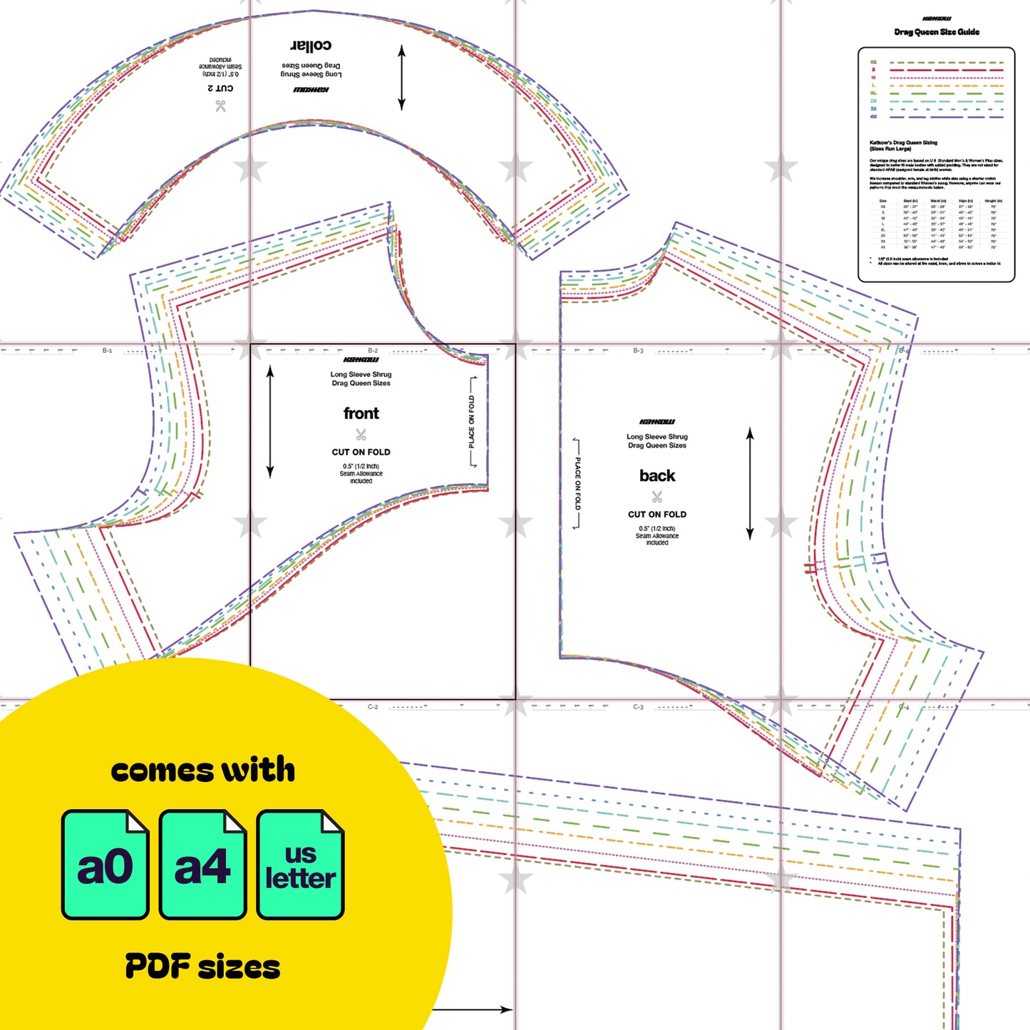 Katkow Long Sleeve Shrug Sewing Pattern (Sizes XS-4X) - PDF Drag Queen Costume Fashion Accessory Top Goth Cosplay Fairy Stripper PDF