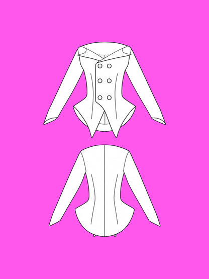 off shoulder double breasted blazer jacket coat sewing pattern for drag queens lady gaga costume high fashion runway business reveal by katkow flats