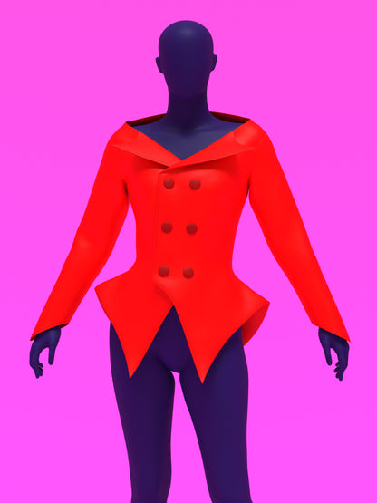 off shoulder double breasted blazer jacket coat sewing pattern for drag queens lady gaga costume high fashion runway business reveal by katkow front