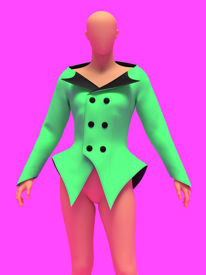 off shoulder double breasted blazer jacket coat sewing pattern for drag queens lady gaga costume high fashion runway business reveal by katkow front green