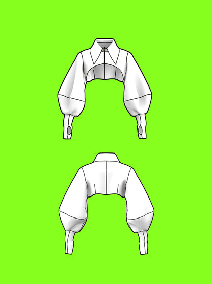 Balloon Sleeve Shrug Sewing Pattern For Drag Queens Oversized Sleeves Fingerless Glove Pointed Knife Collar Top Accessory Beginner Pattern by Katkow Flat