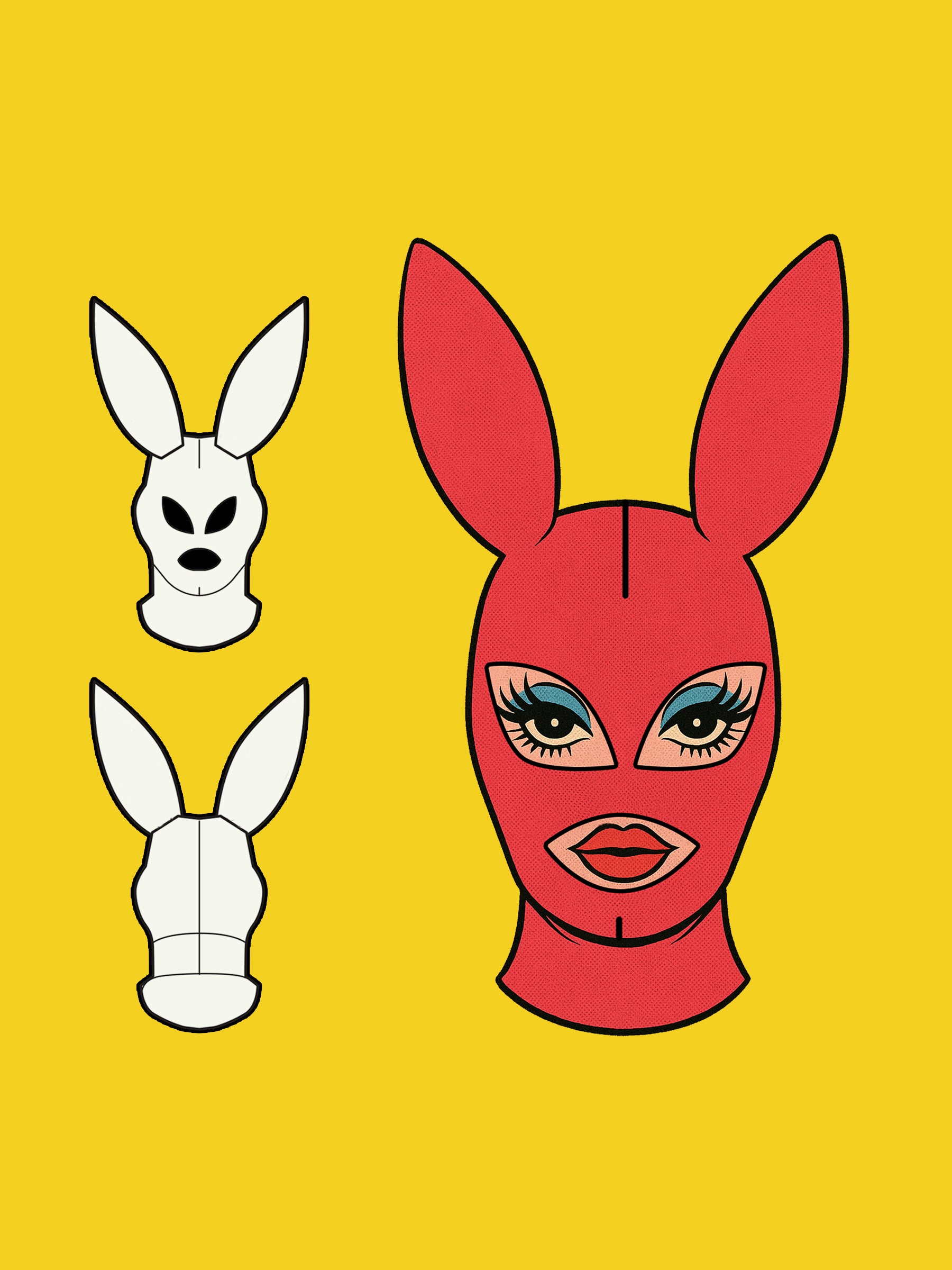 Bunny Facekini Mask PDF Sewing Pattern (S–L) – Club Kid Latex Mask Halloween Costume Idea Katkow Drag Queen Illustation