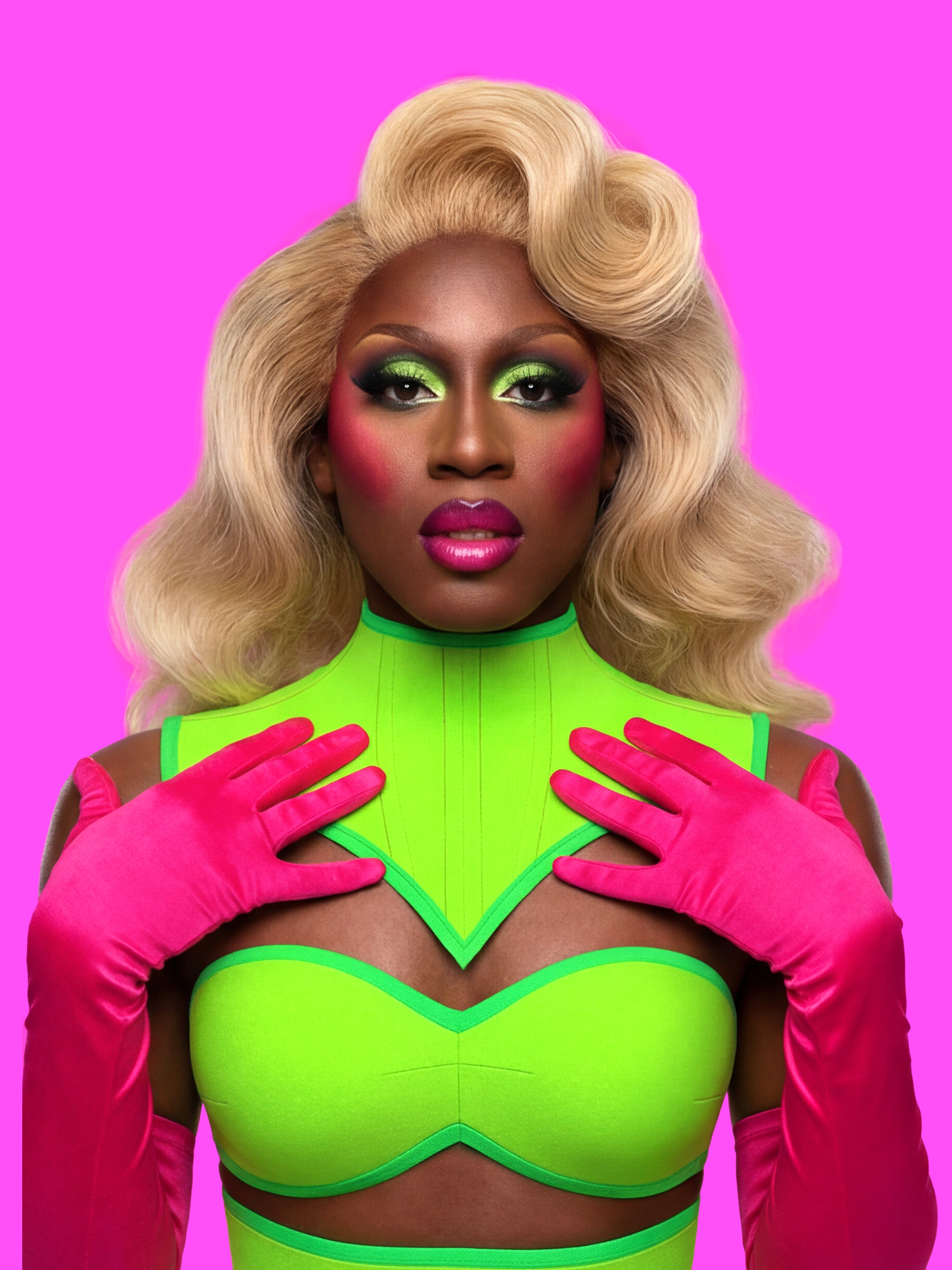 Extended V Pointed Shoulder Corset Harness Sewing Pattern for drag queens goth alternative halloween costume outfit leather by katkow front green model