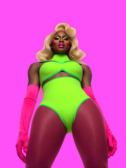 Extended V Pointed Shoulder Corset Harness Sewing Pattern for drag queens goth alternative halloween costume outfit leather by katkow front green model low